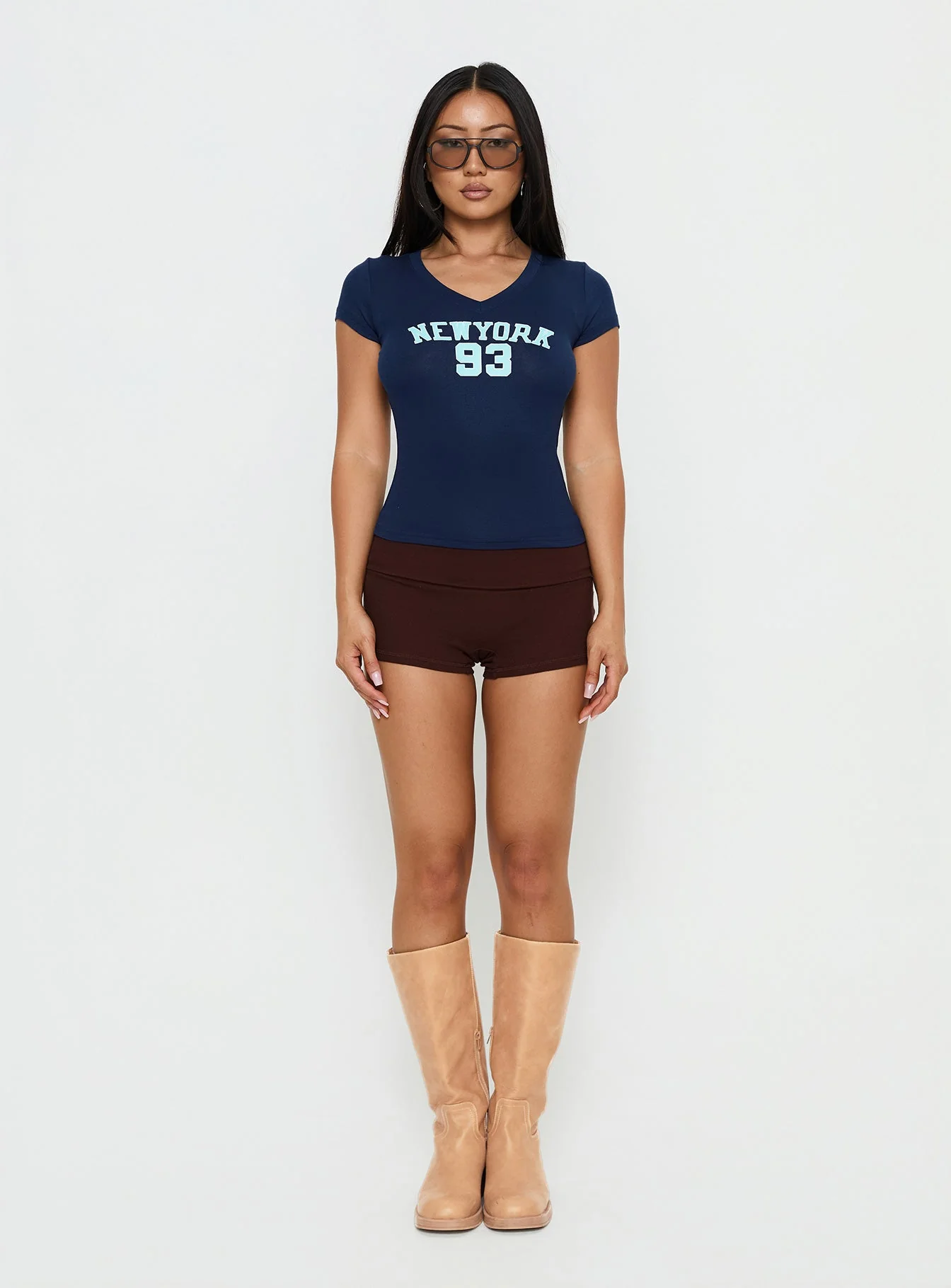 New York 93 Graphic V Neck Top Navy - Image 7
