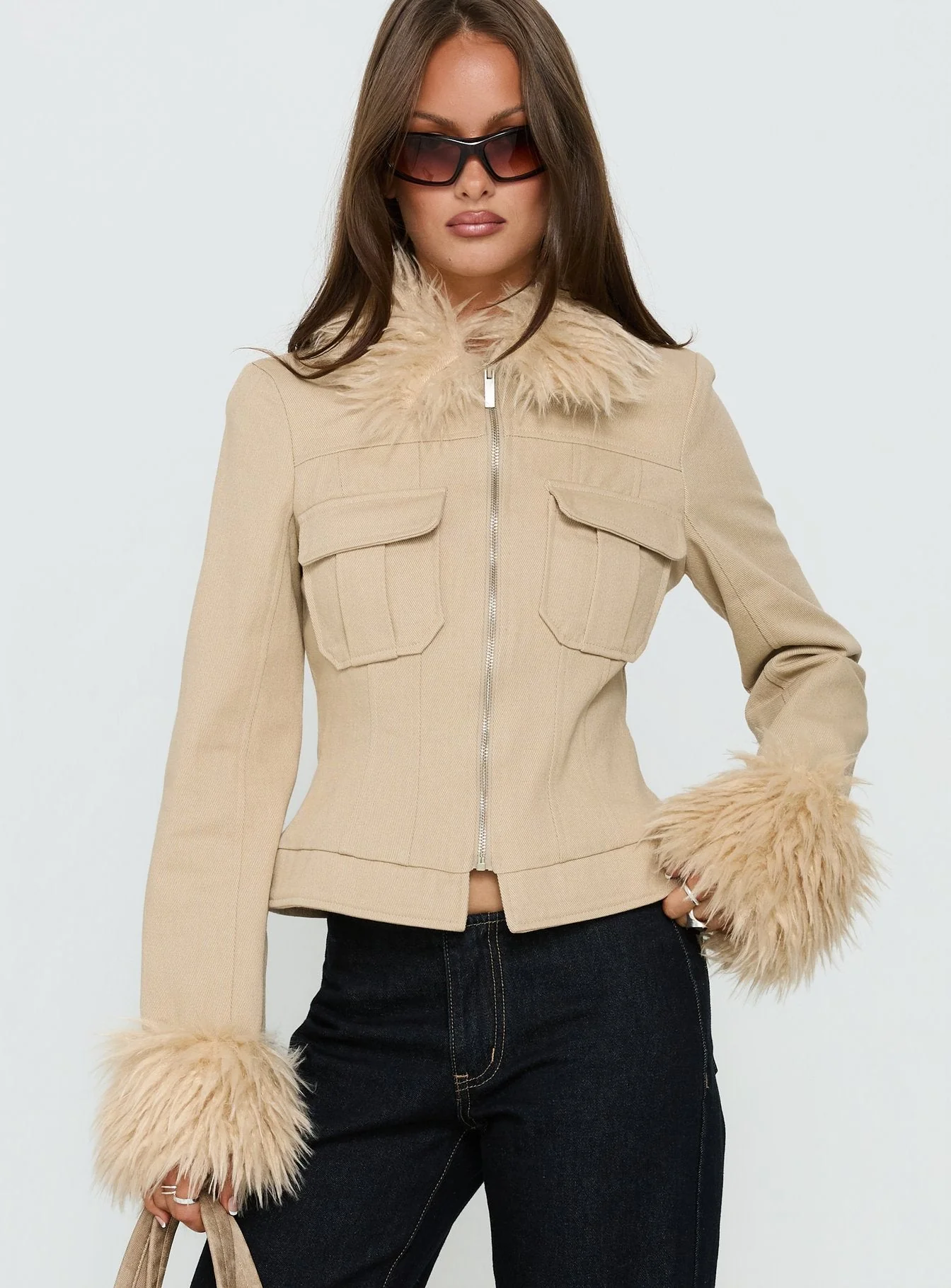 Nindie Faux Fur Contrast Jacket Tan - Image 2