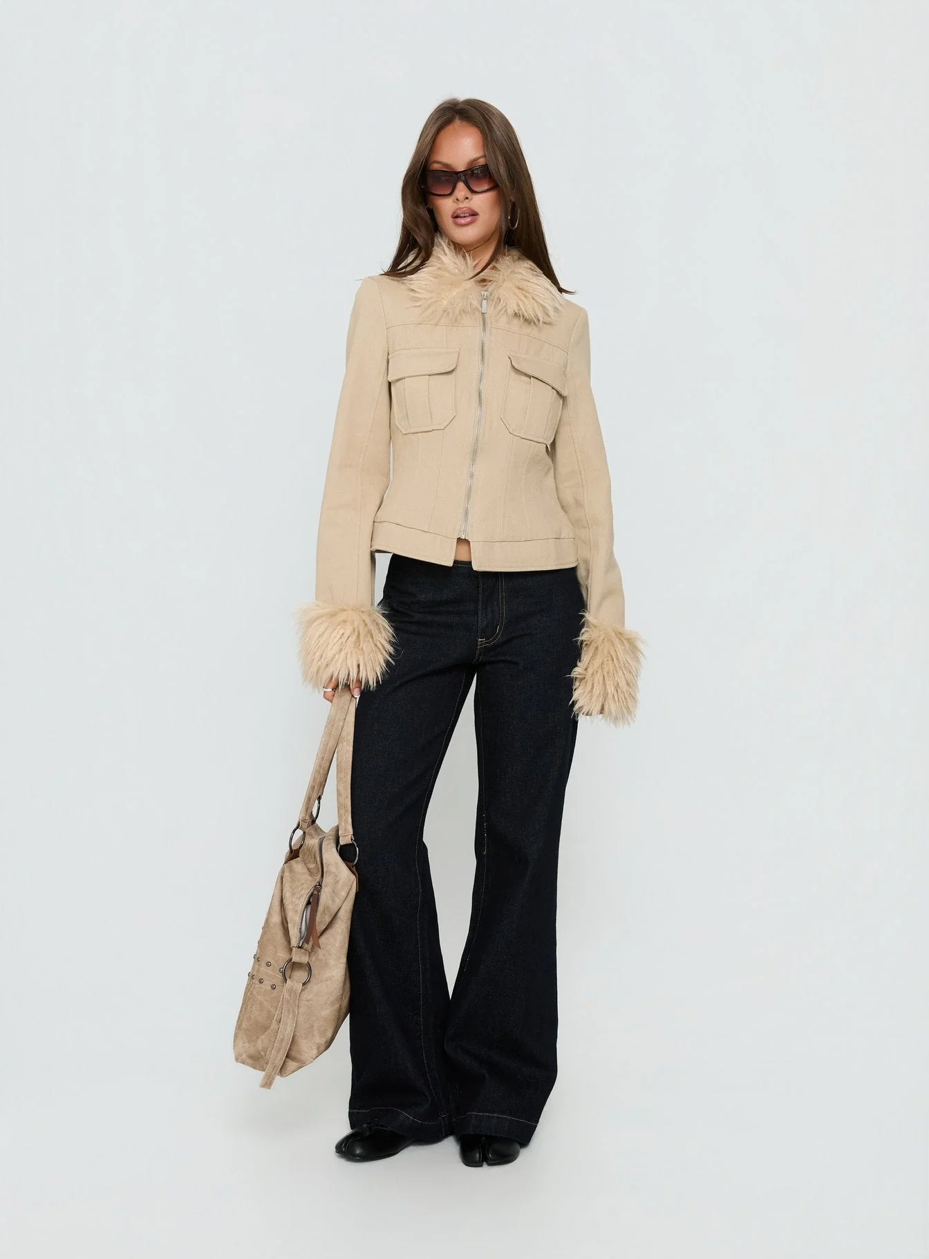 Nindie Faux Fur Contrast Jacket Tan - Image 3