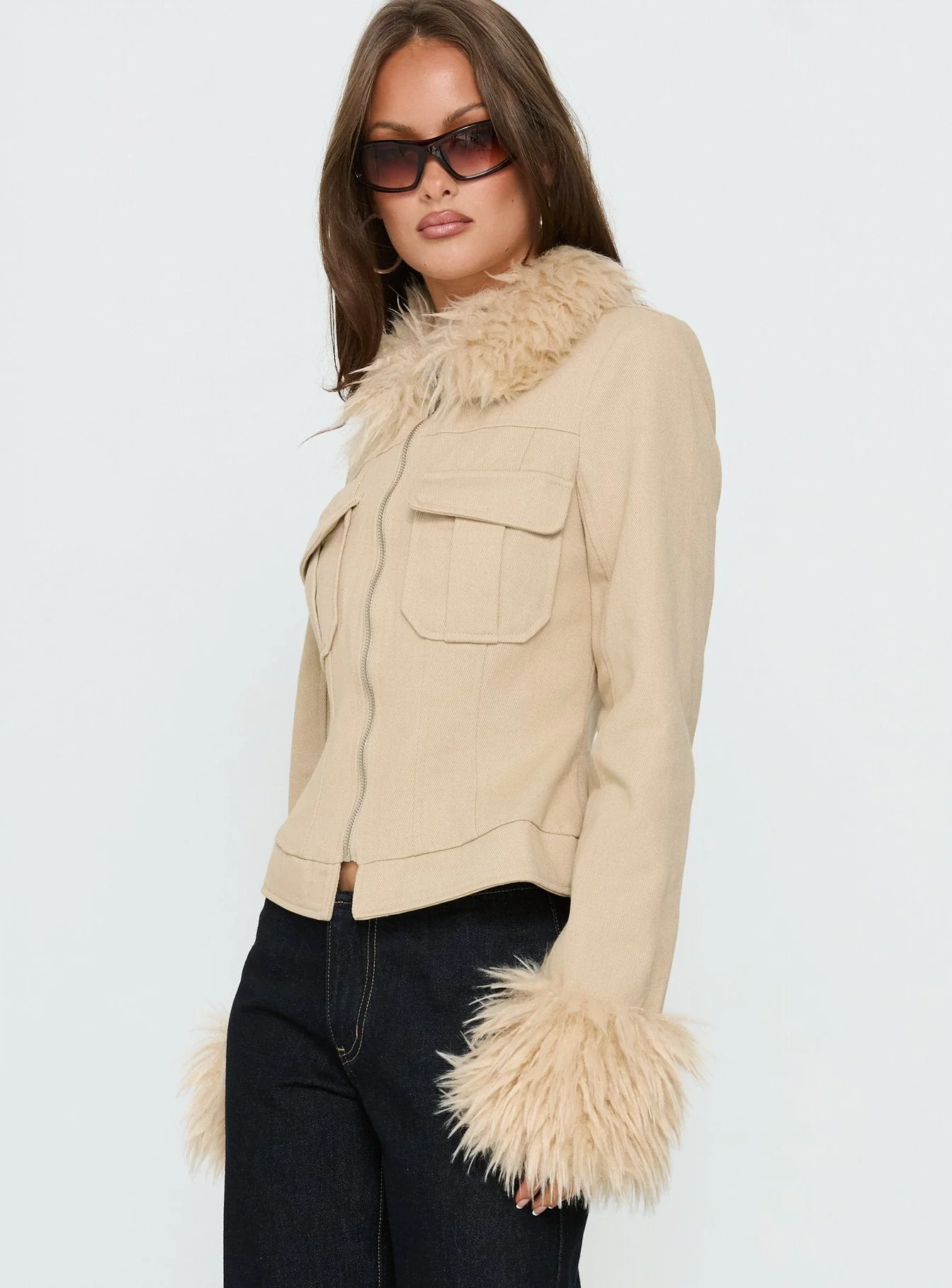 Nindie Faux Fur Contrast Jacket Tan - Image 4