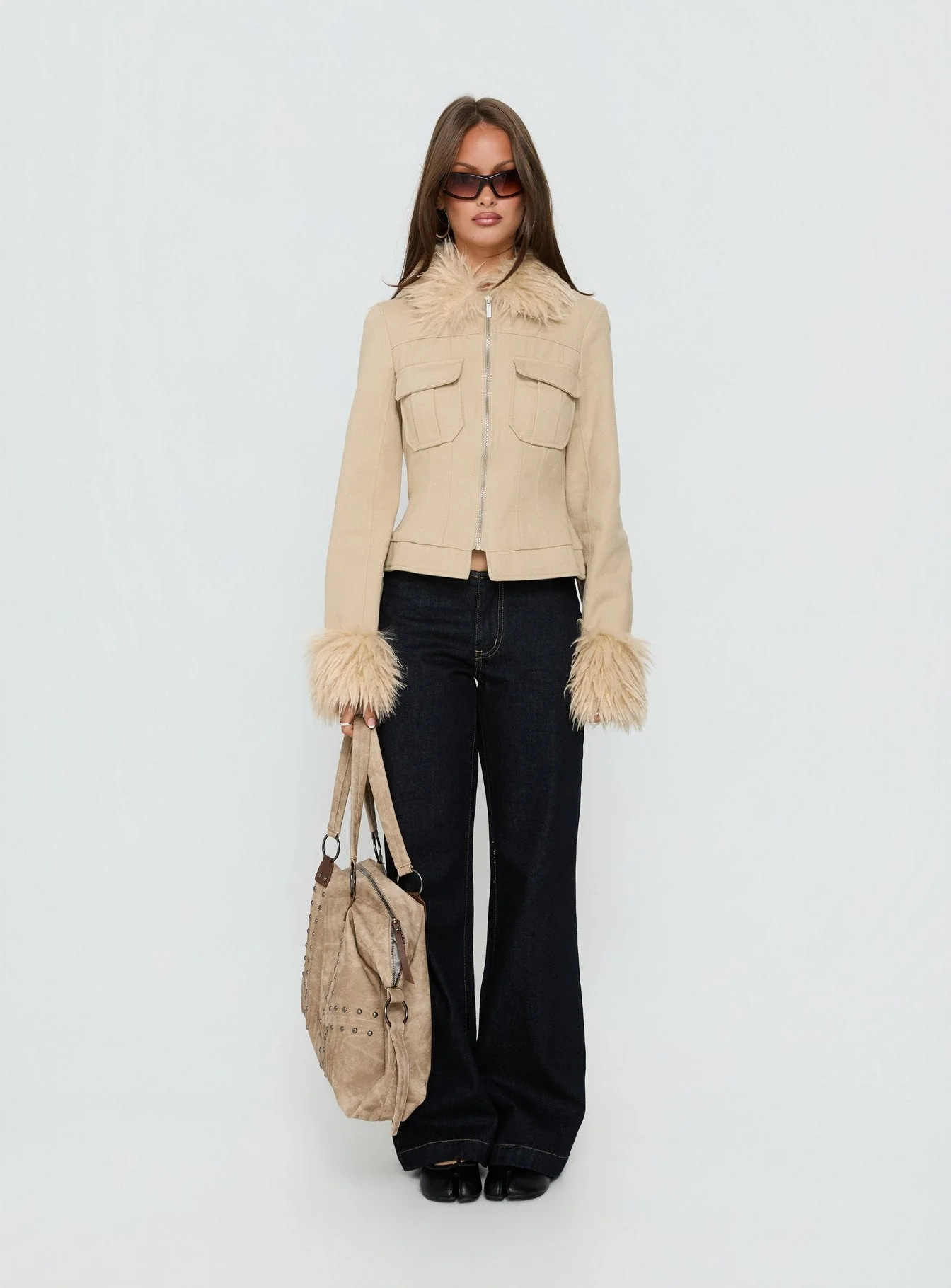 Nindie Faux Fur Contrast Jacket Tan - Image 8