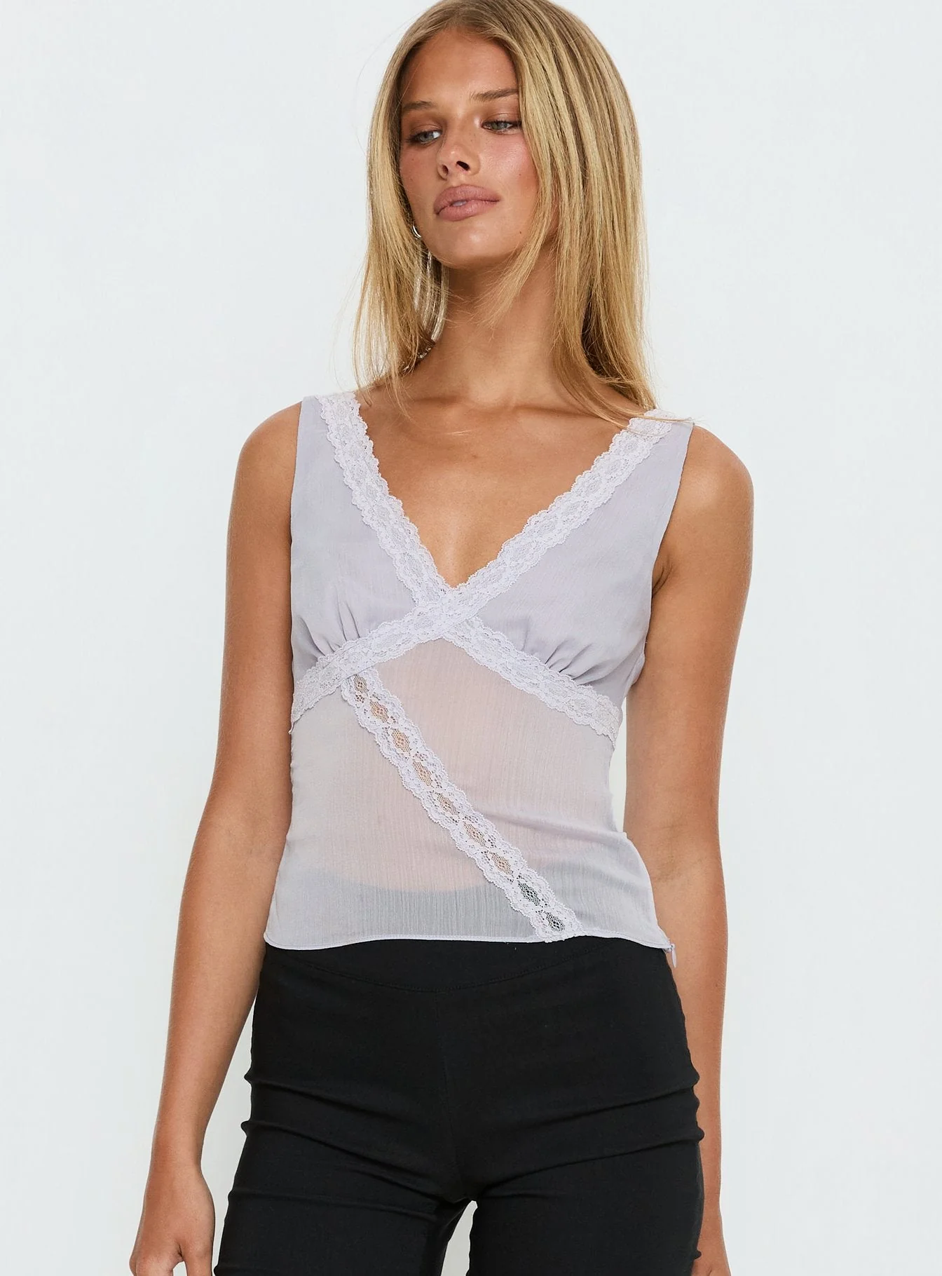 No Place Like Home Lace Trim V-Neck Top Lilac - Image 2