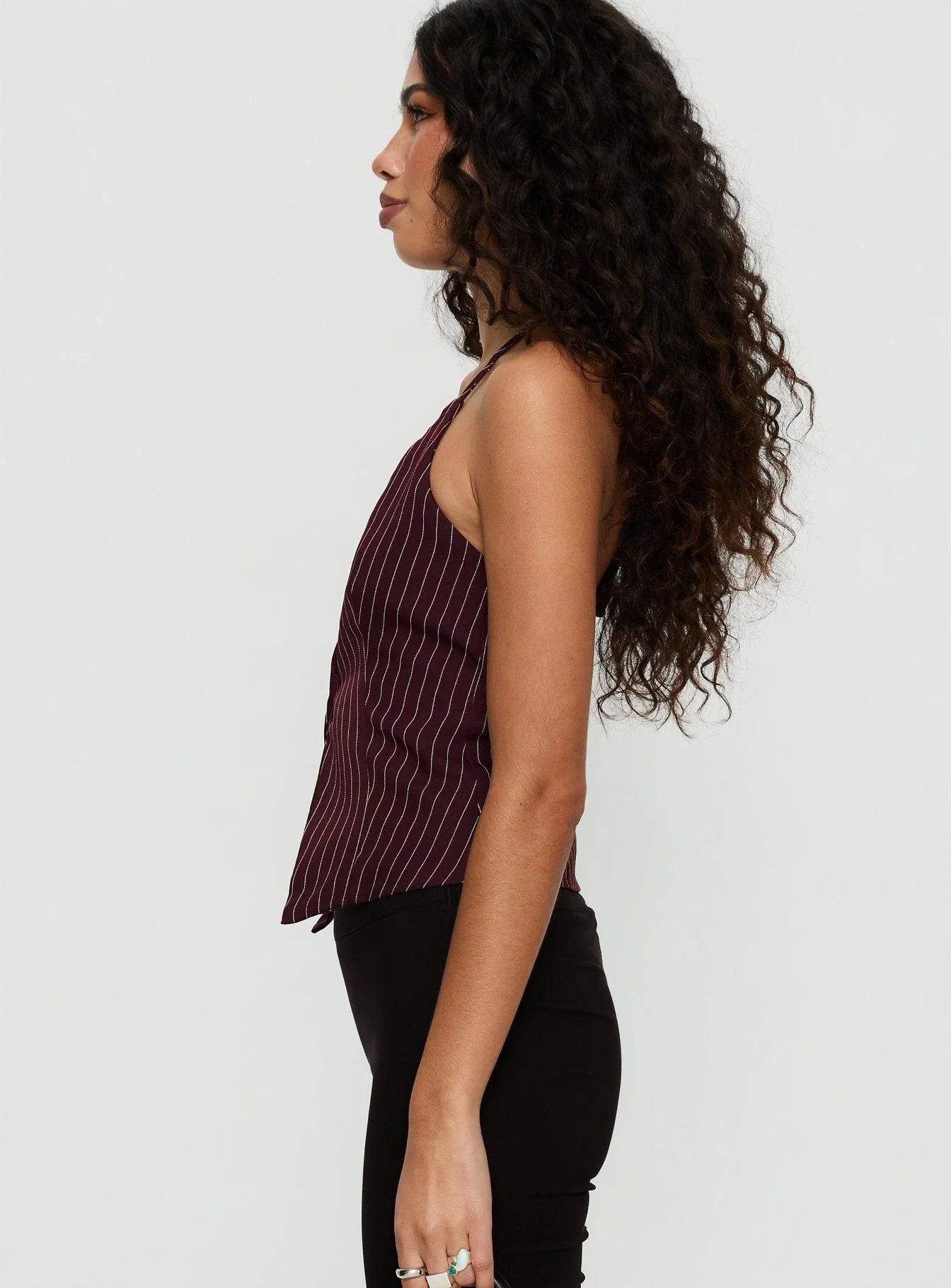 No Sleep Halter Top Burgundy Pinstripe - Image 3