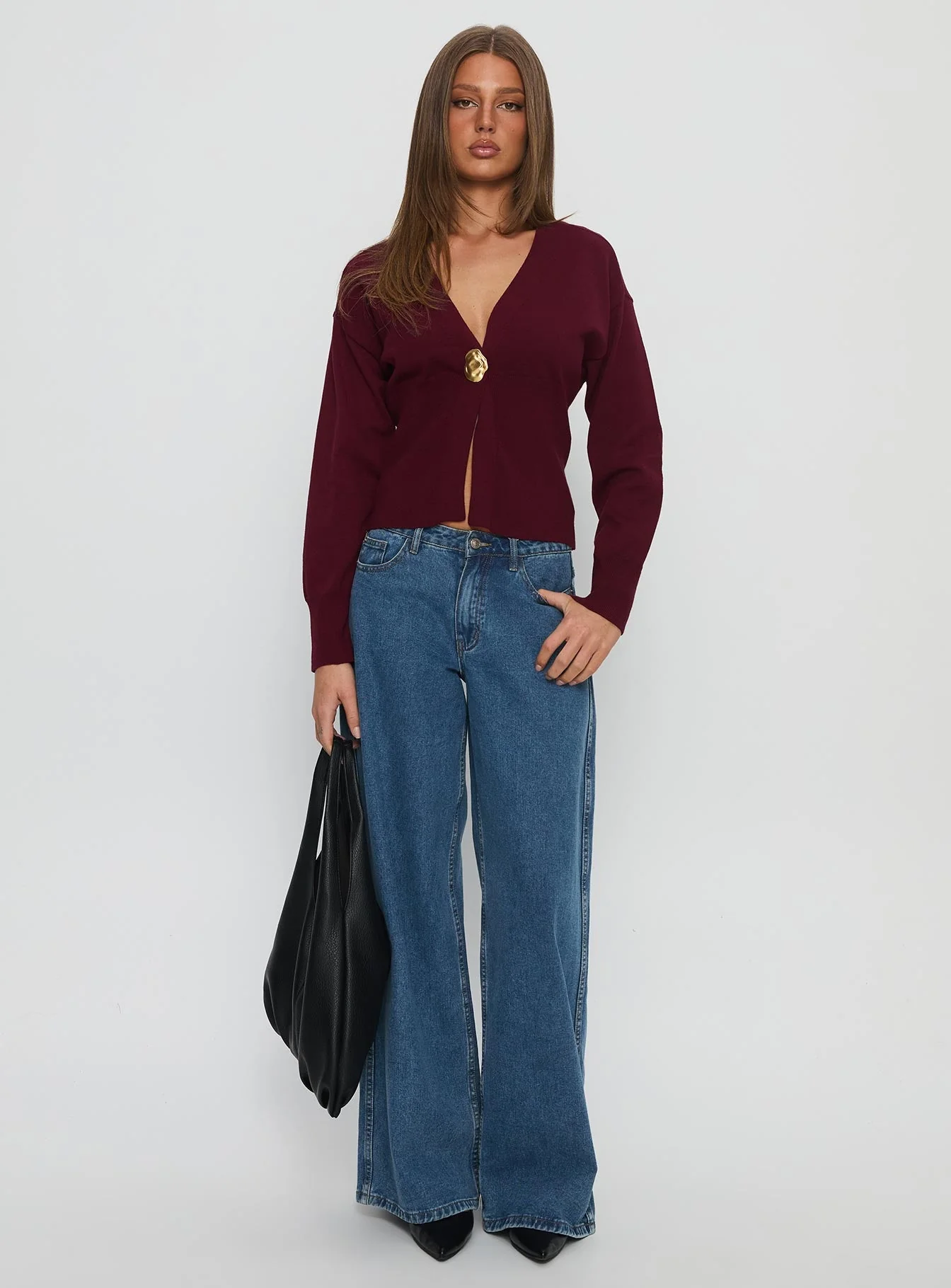 Nolie Hardware Detail Knit Cardigan Wine - Image 2