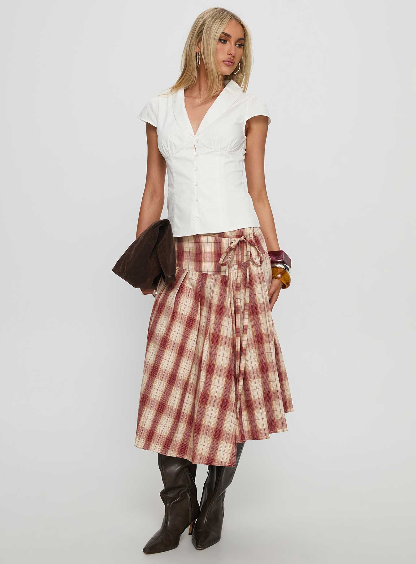 Norie Wrap Pleat Midi Skirt Red Plaid - Image 2