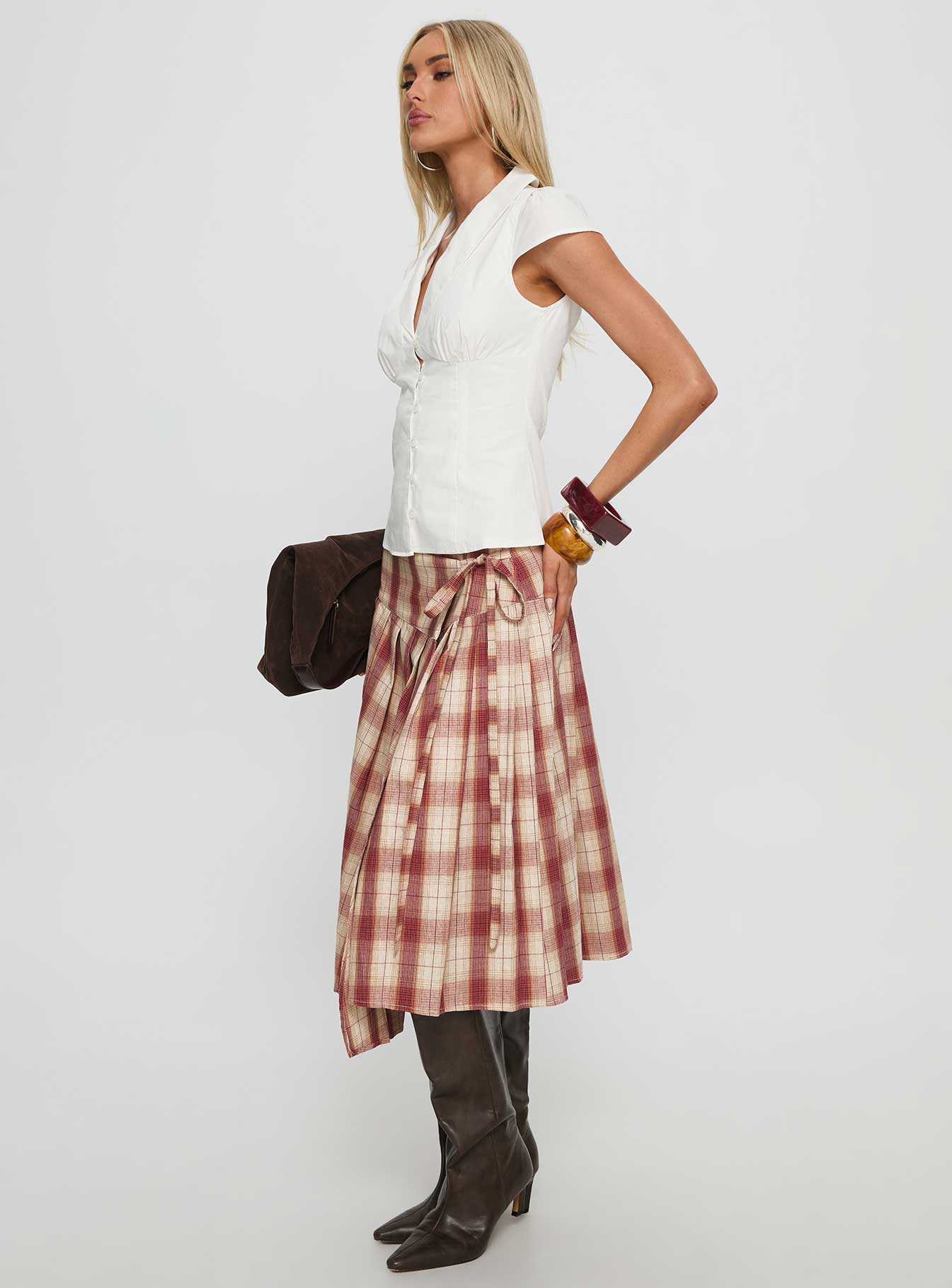 Norie Wrap Pleat Midi Skirt Red Plaid - Image 4