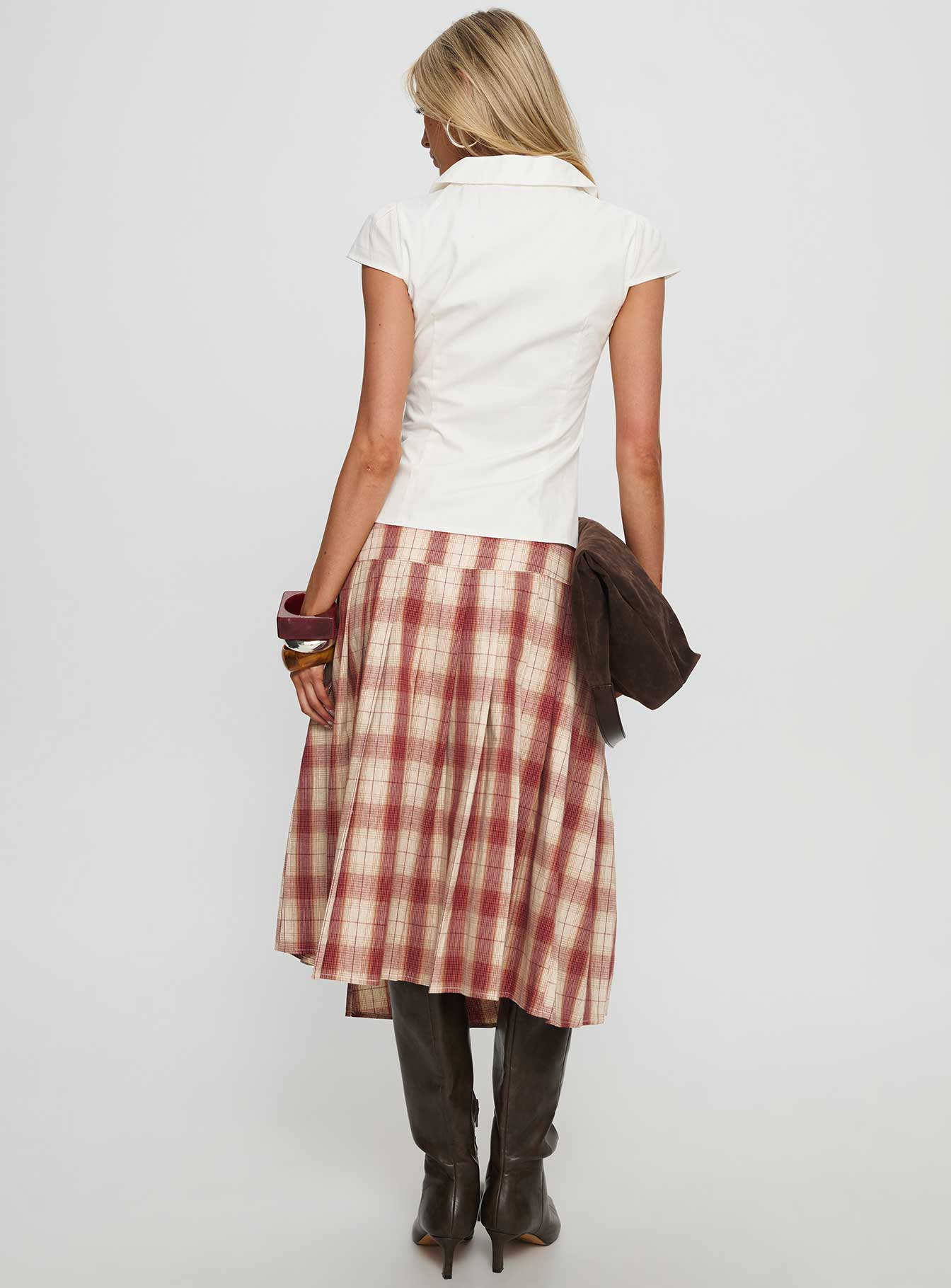 Norie Wrap Pleat Midi Skirt Red Plaid - Image 5