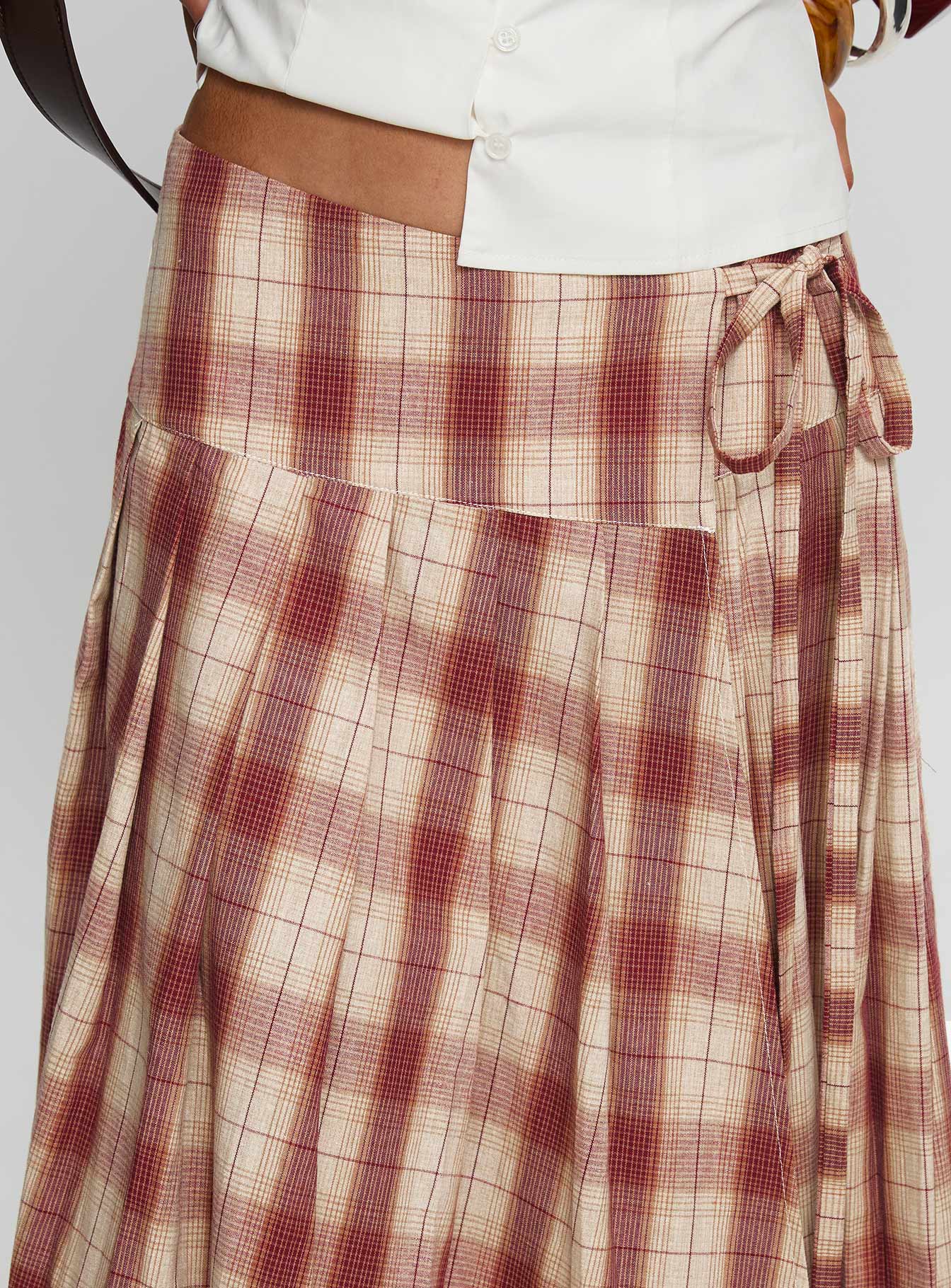 Norie Wrap Pleat Midi Skirt Red Plaid - Image 6