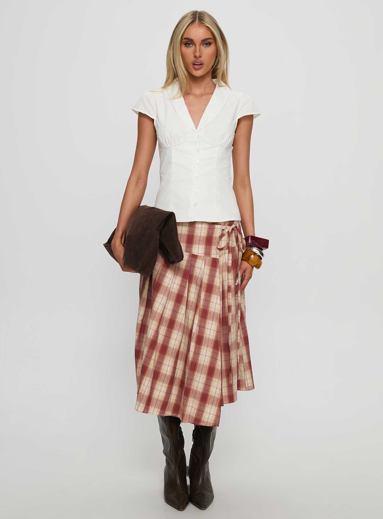Norie Wrap Pleat Midi Skirt Red Plaid - Image 7
