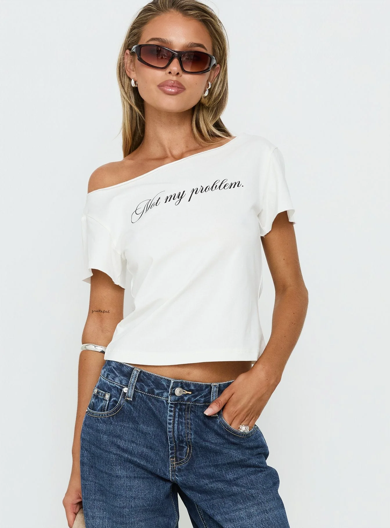 Not My Problem Loose Graphic Baby Tee White - Image 2