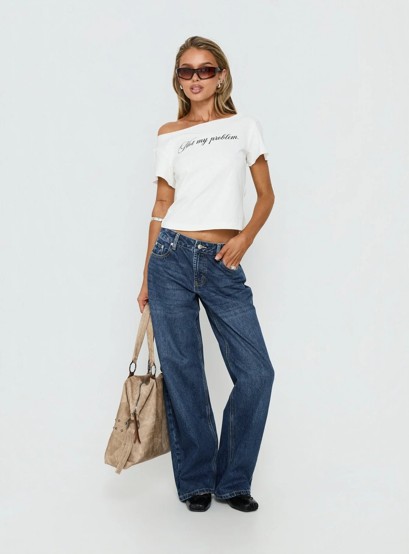Not My Problem Loose Graphic Baby Tee White - Image 3