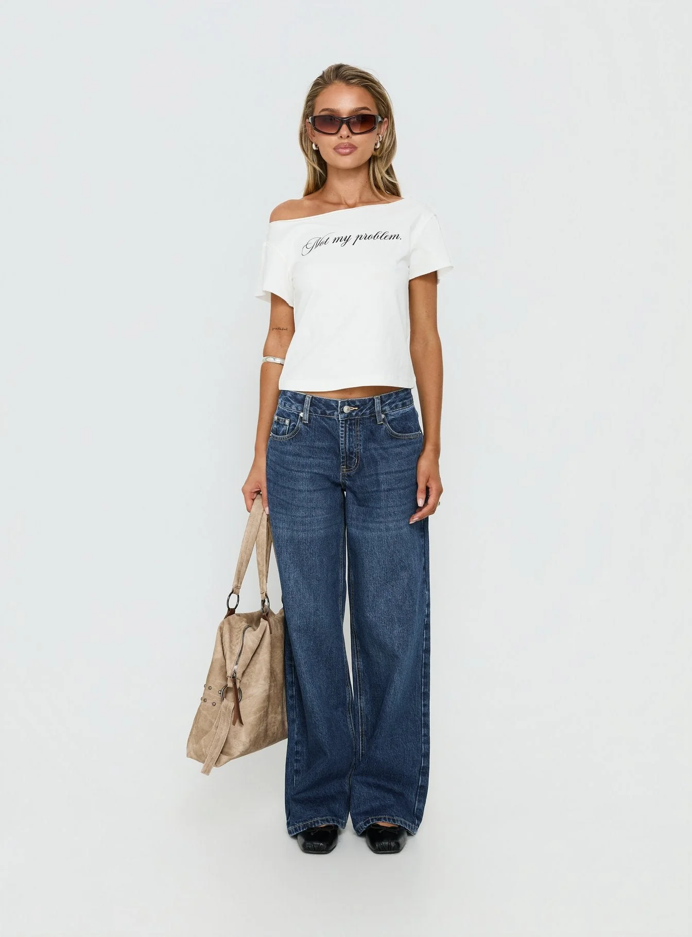 Not My Problem Loose Graphic Baby Tee White - Image 7