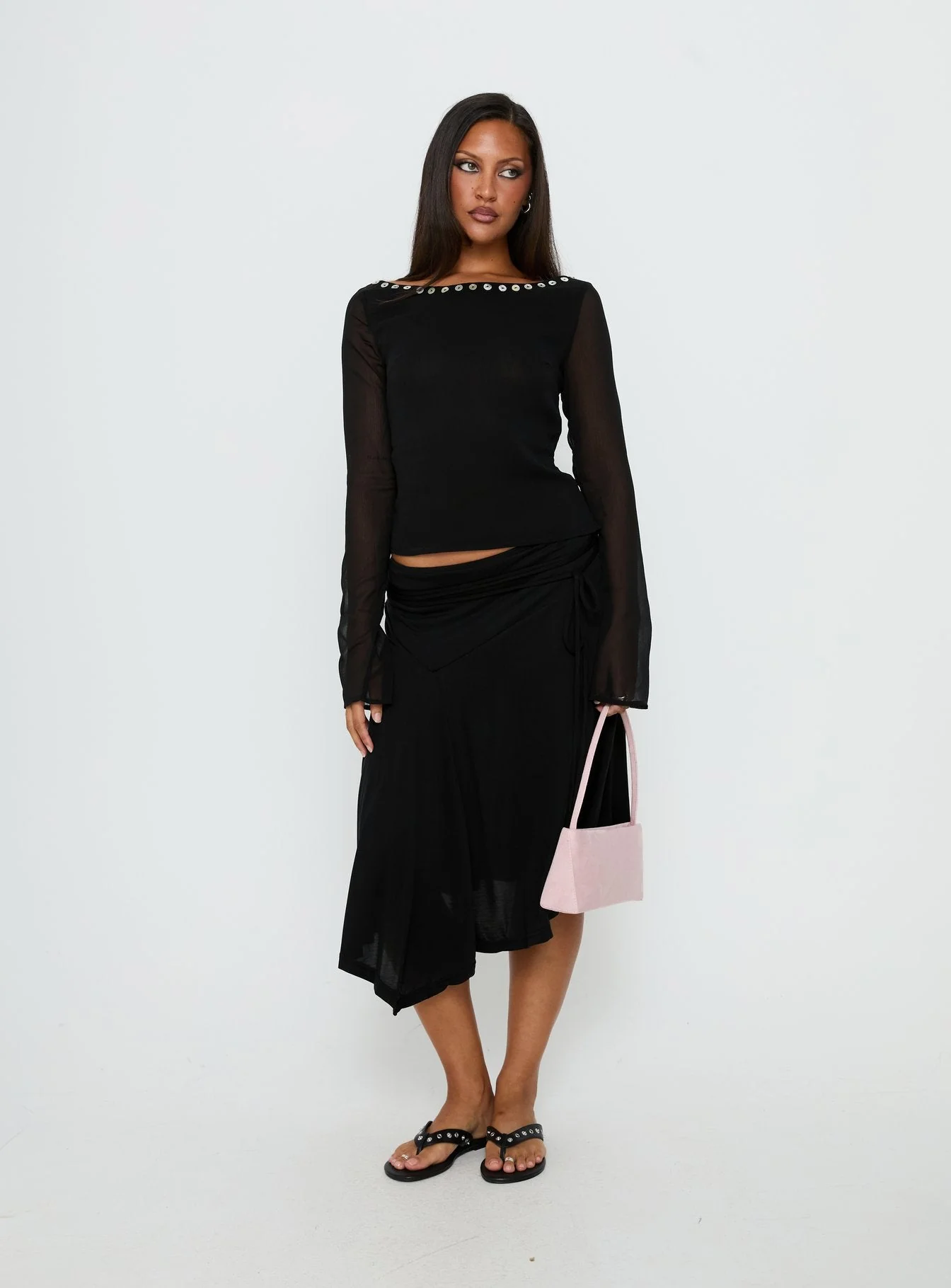 Novare Chiffon Long Sleeve Button Detail Top Black - Image 3