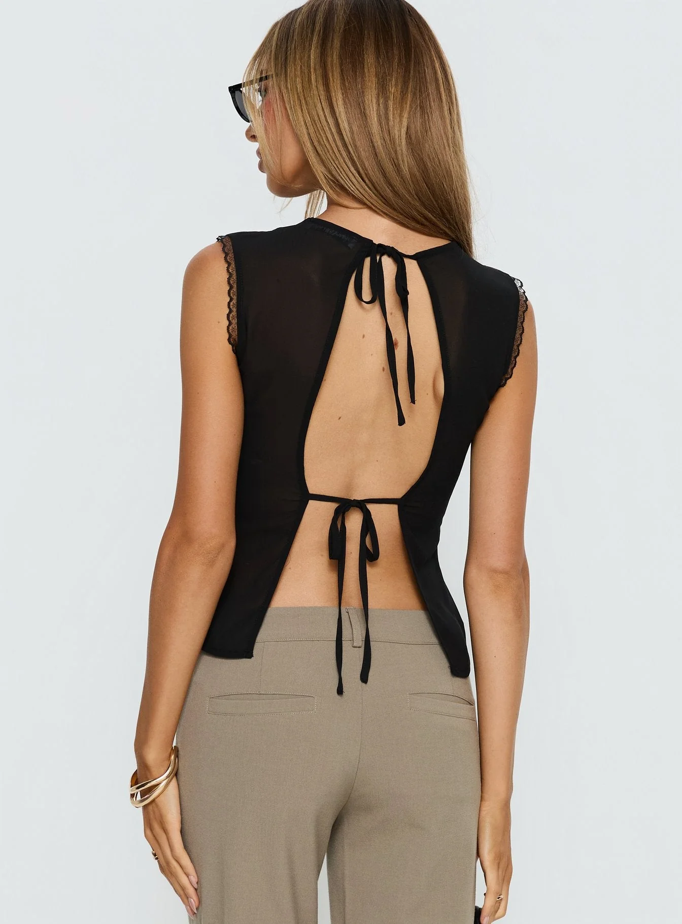 Noven Tie Back Lace Trim Top Black - Image 4
