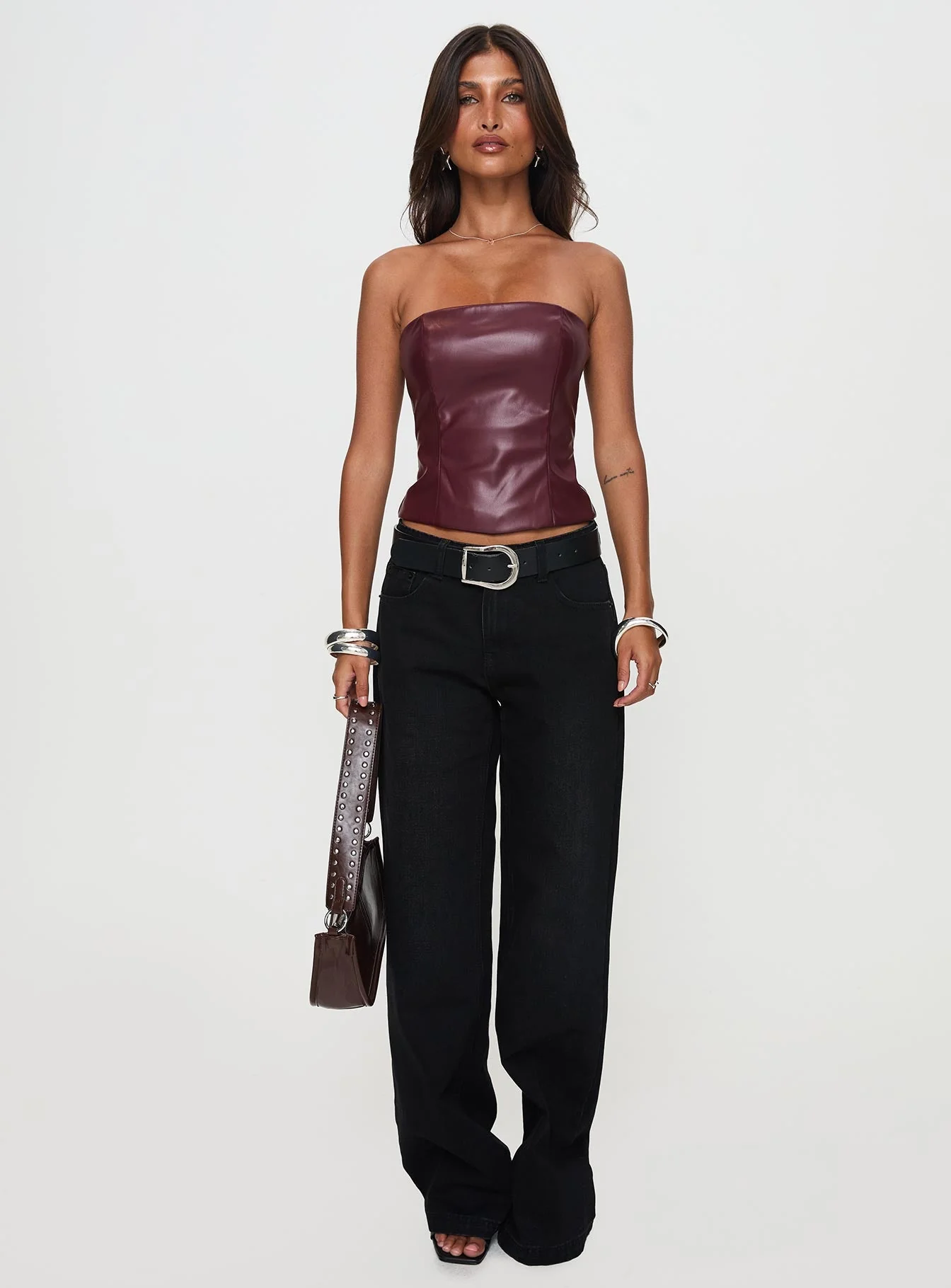 Oaklee Strapless Faux Leather Top Burgundy - Image 6