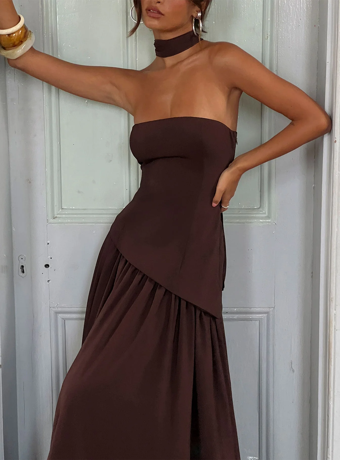 Odela Strapless Drop Waist Maxi Dress Chocolate - Image 10