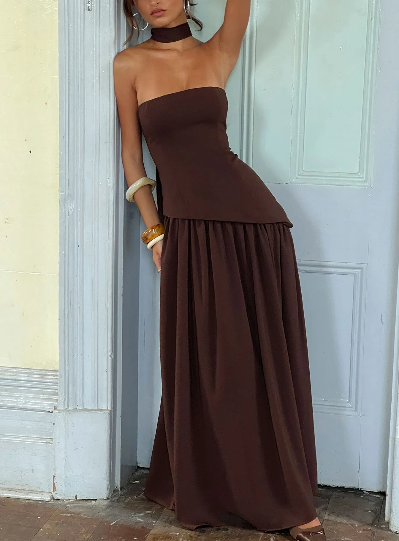 Odela Strapless Drop Waist Maxi Dress Chocolate - Image 11