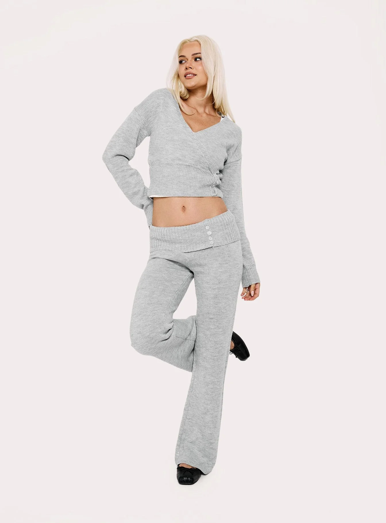 Odeline Fold Over Knit Pants Grey Marle - Image 8