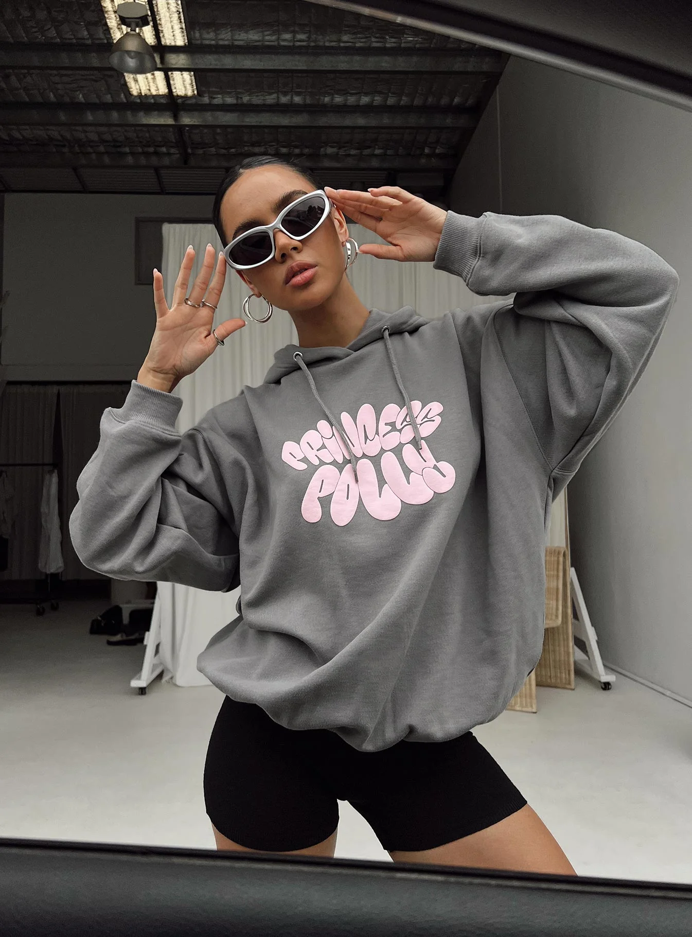 Princess Polly Hoodie Sweatshirt Bubble Text Charcoal / Light Pink - Image 3