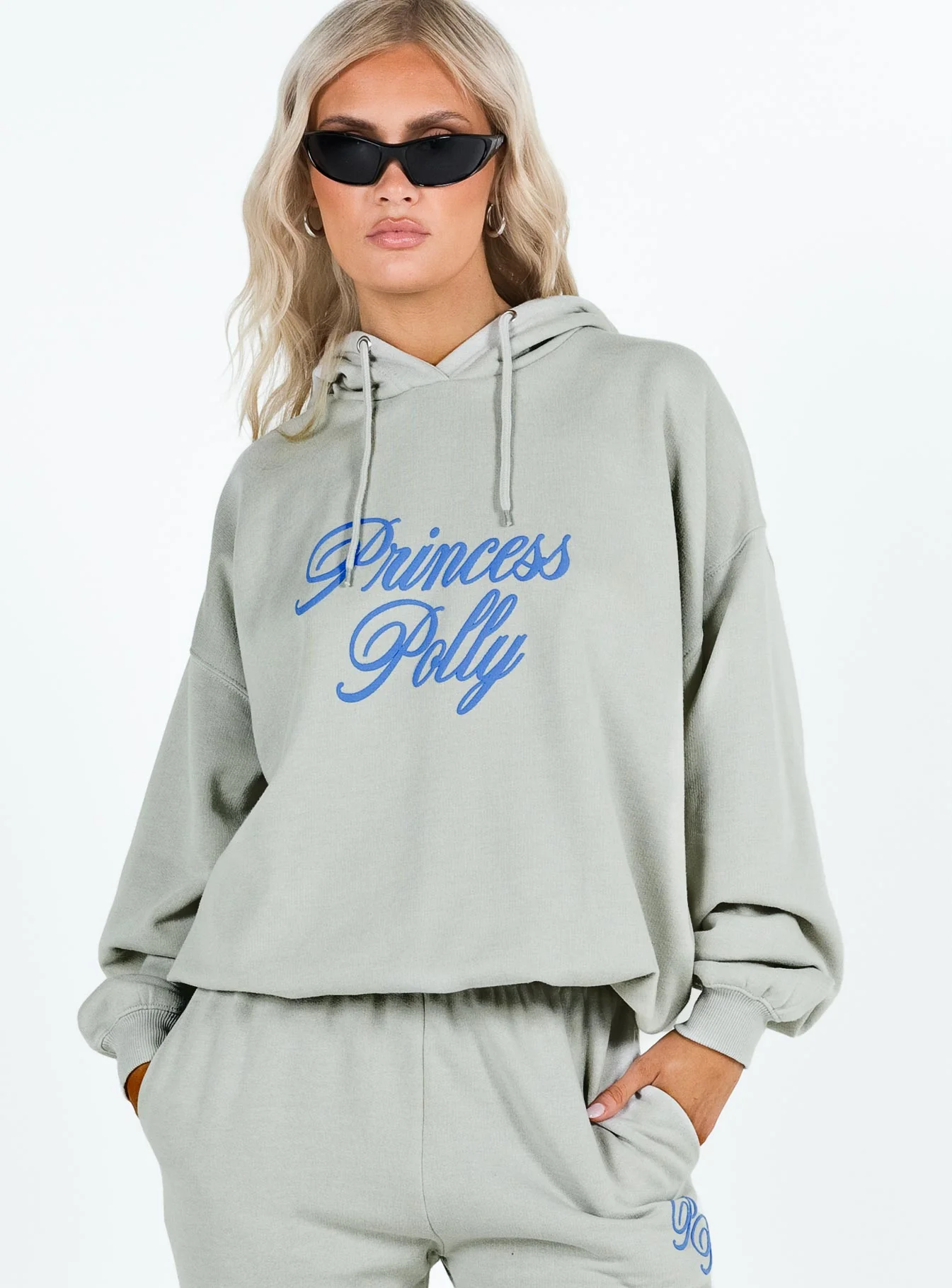 Princess Polly Hooded Sweatshirt Cursive Text Grey / Blue - Image 2