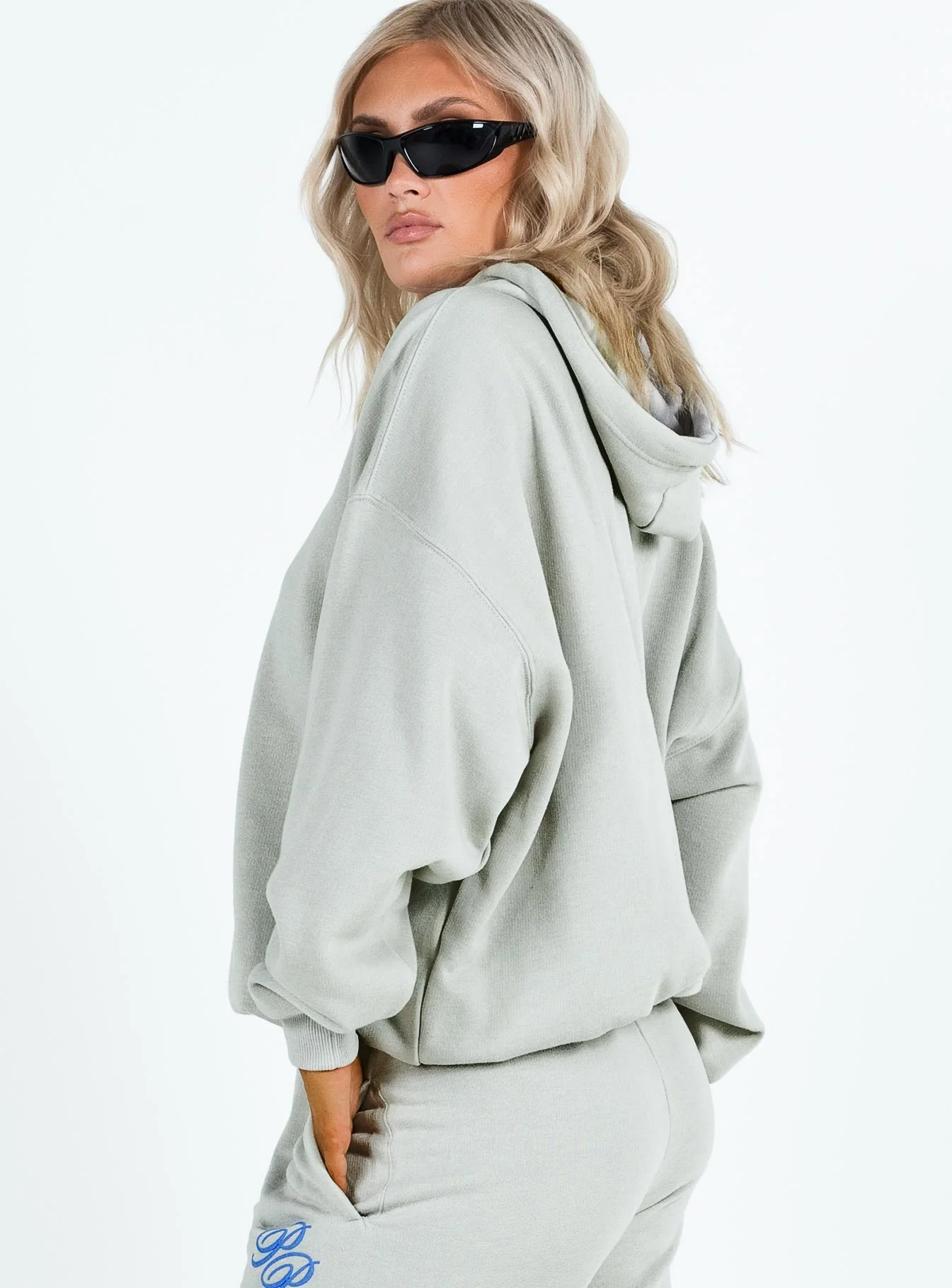 Princess Polly Hooded Sweatshirt Cursive Text Grey / Blue - Image 4