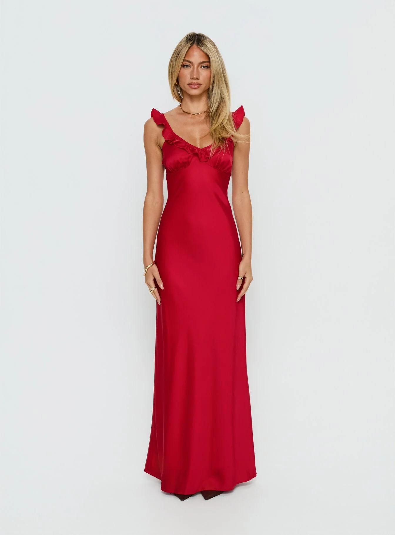 Ondrea Frill V Neck Maxi Dress Red - Image 7