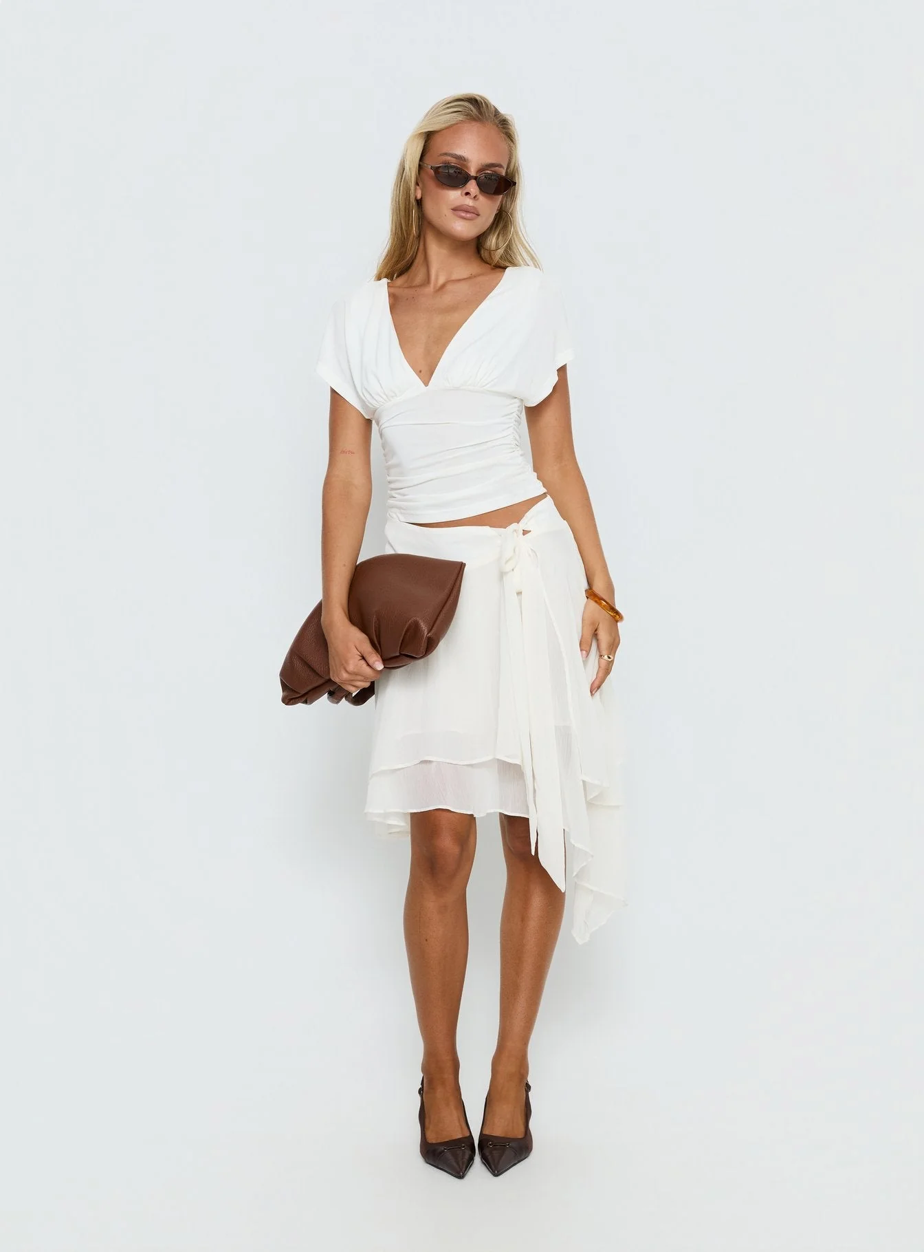 Ophella Tie Waist Chiffon Midi Skirt Cream - Image 3