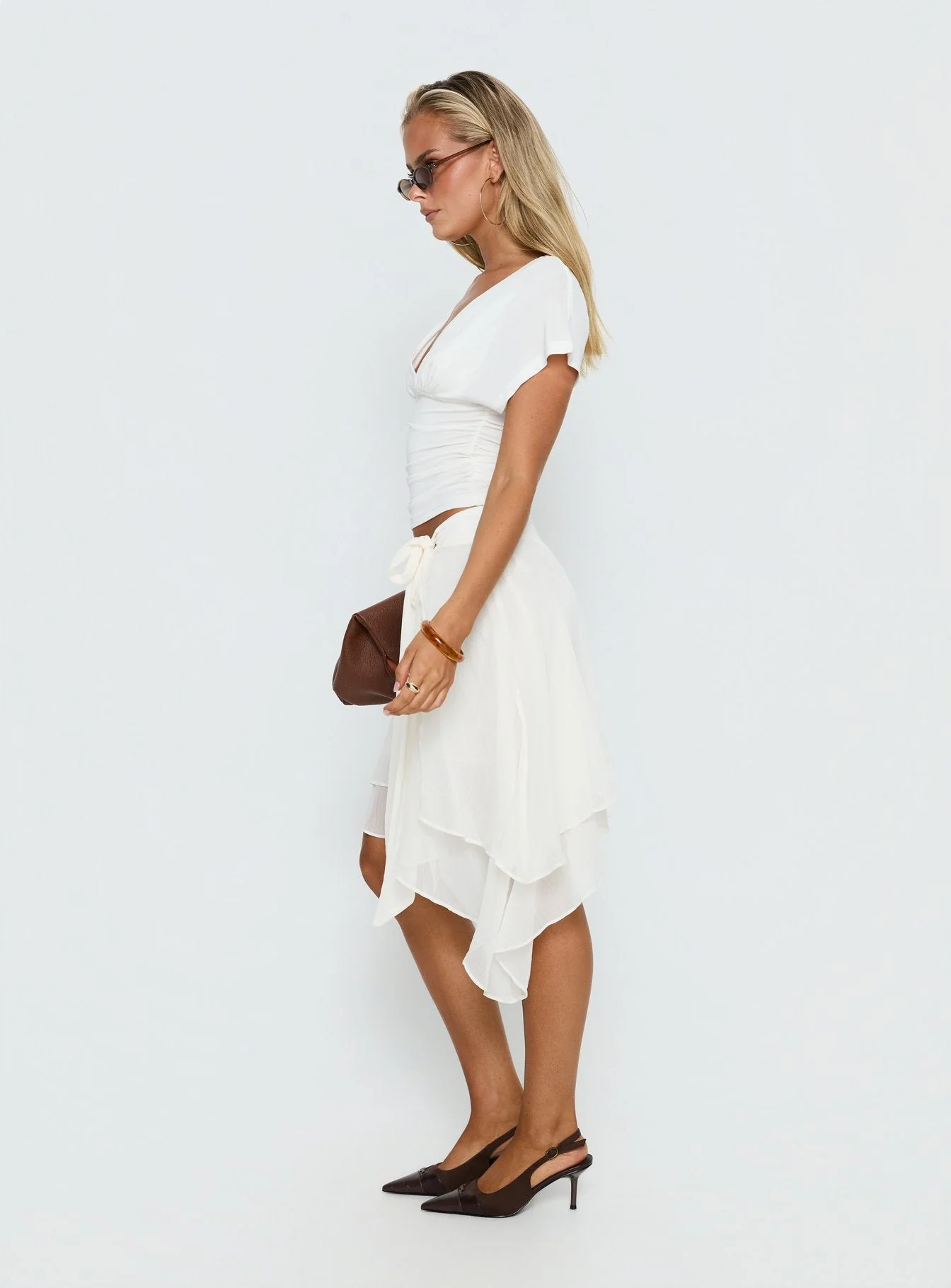 Ophella Tie Waist Chiffon Midi Skirt Cream - Image 4