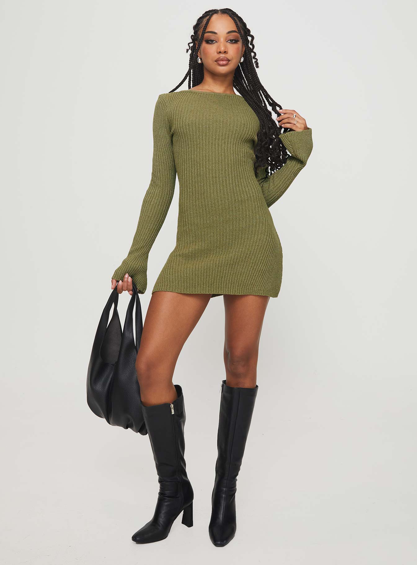 Osment Long Sleeve Knit Mini Dress Olive - Image 3