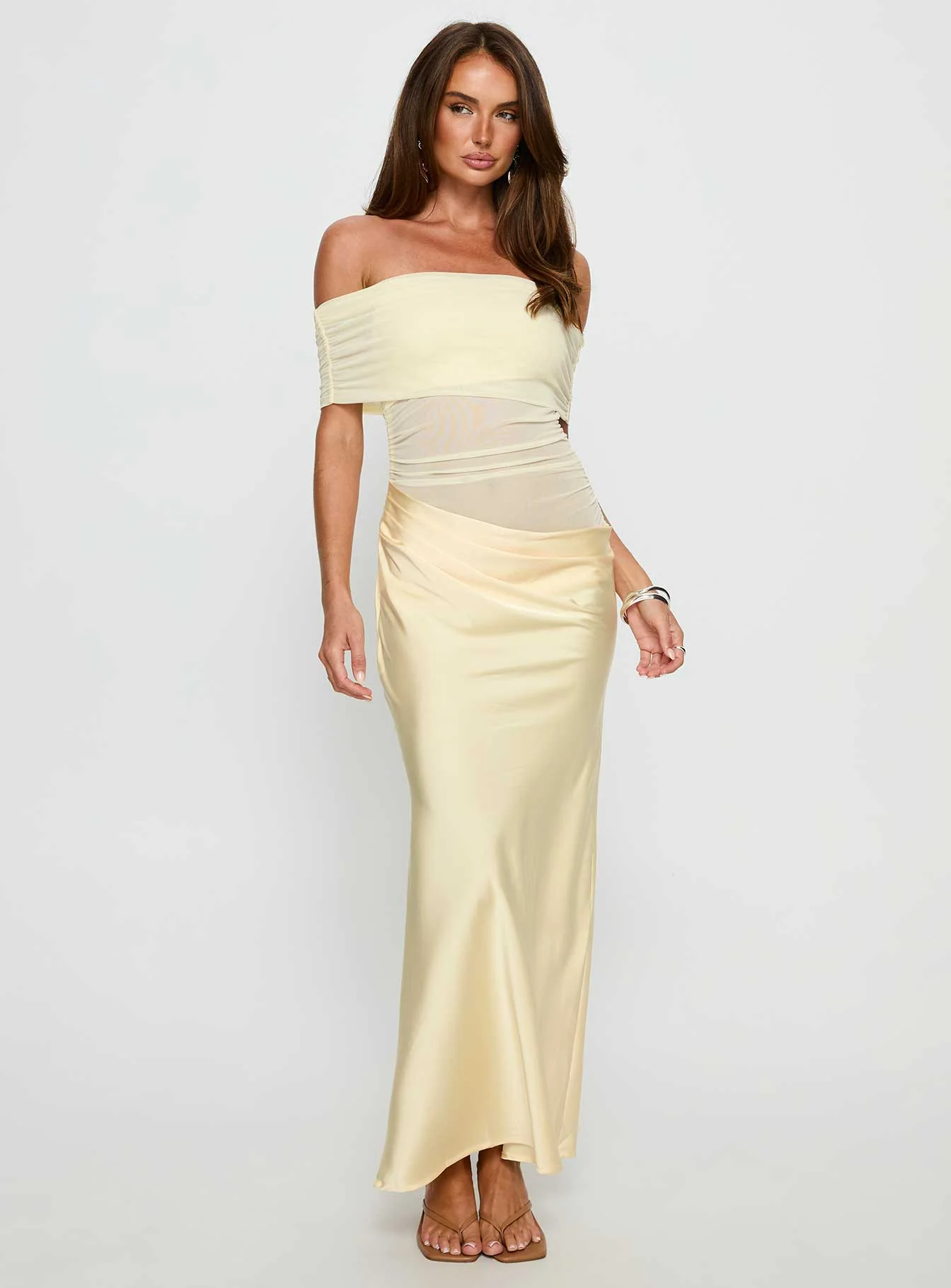 Osprey Mesh Off Shoulder Maxi Dress Yellow - Image 2