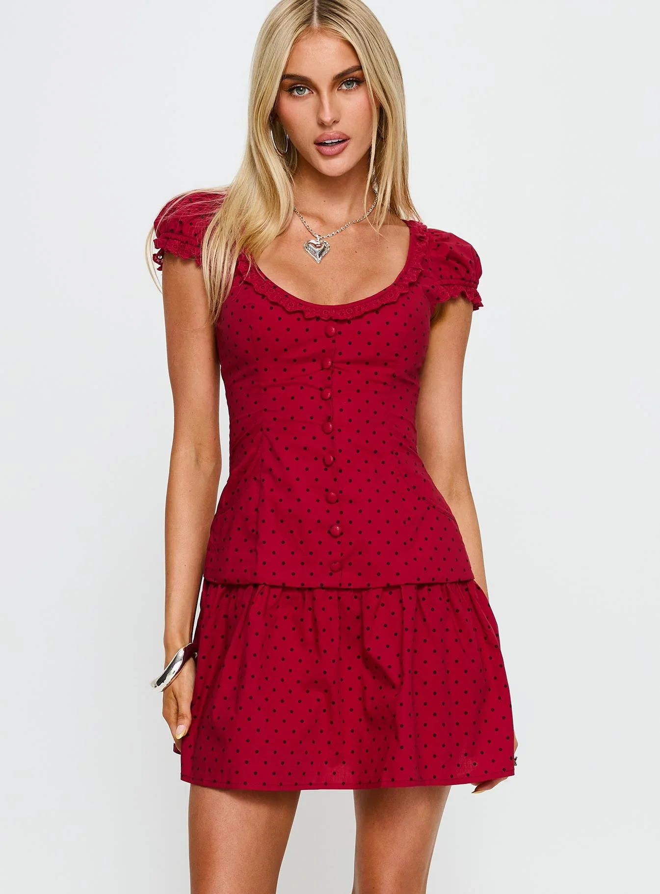 Ottillie Lace Trim Button Down Mini Dress Red Polka Dot - Image 2
