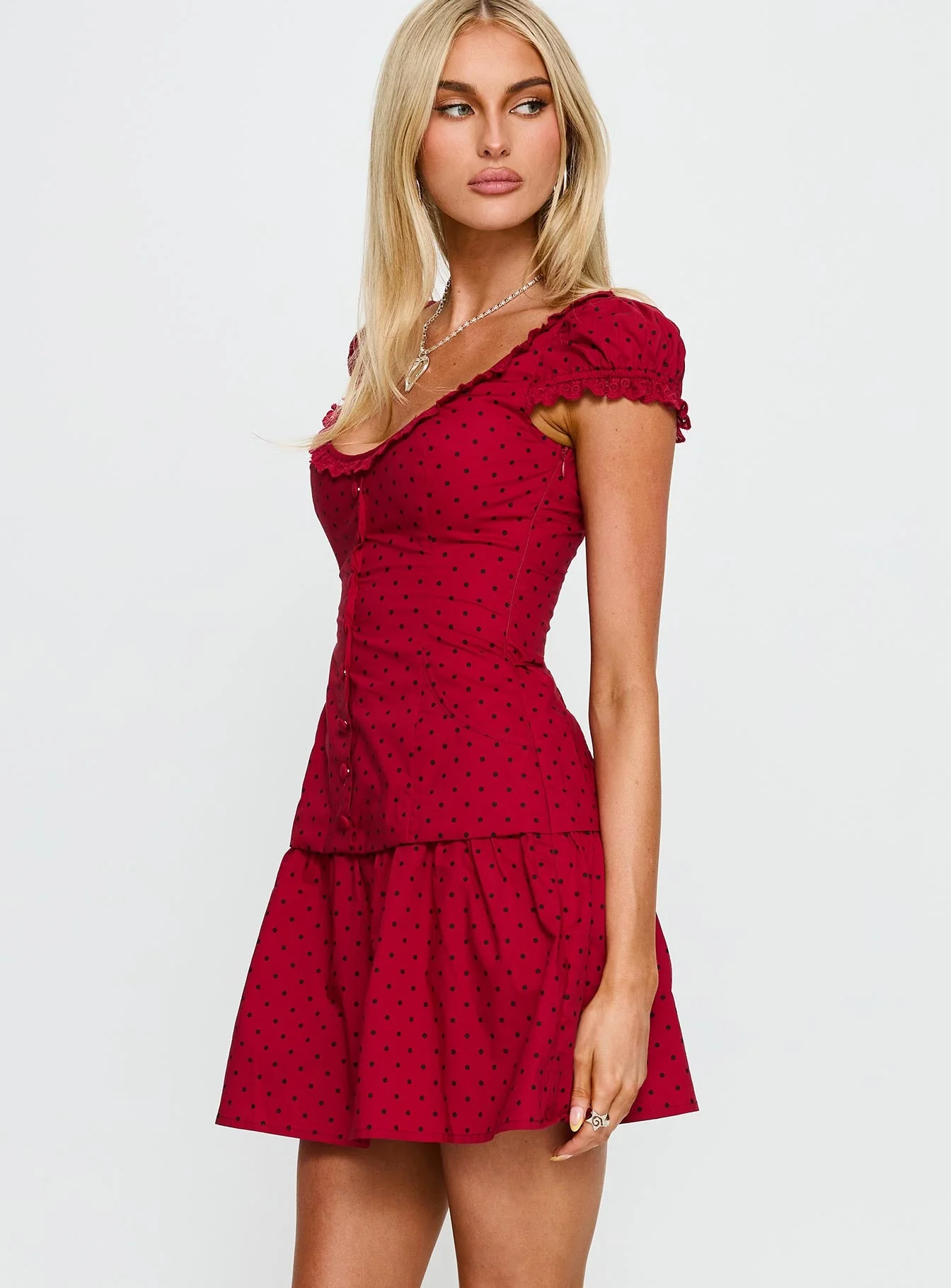 Ottillie Lace Trim Button Down Mini Dress Red Polka Dot - Image 4