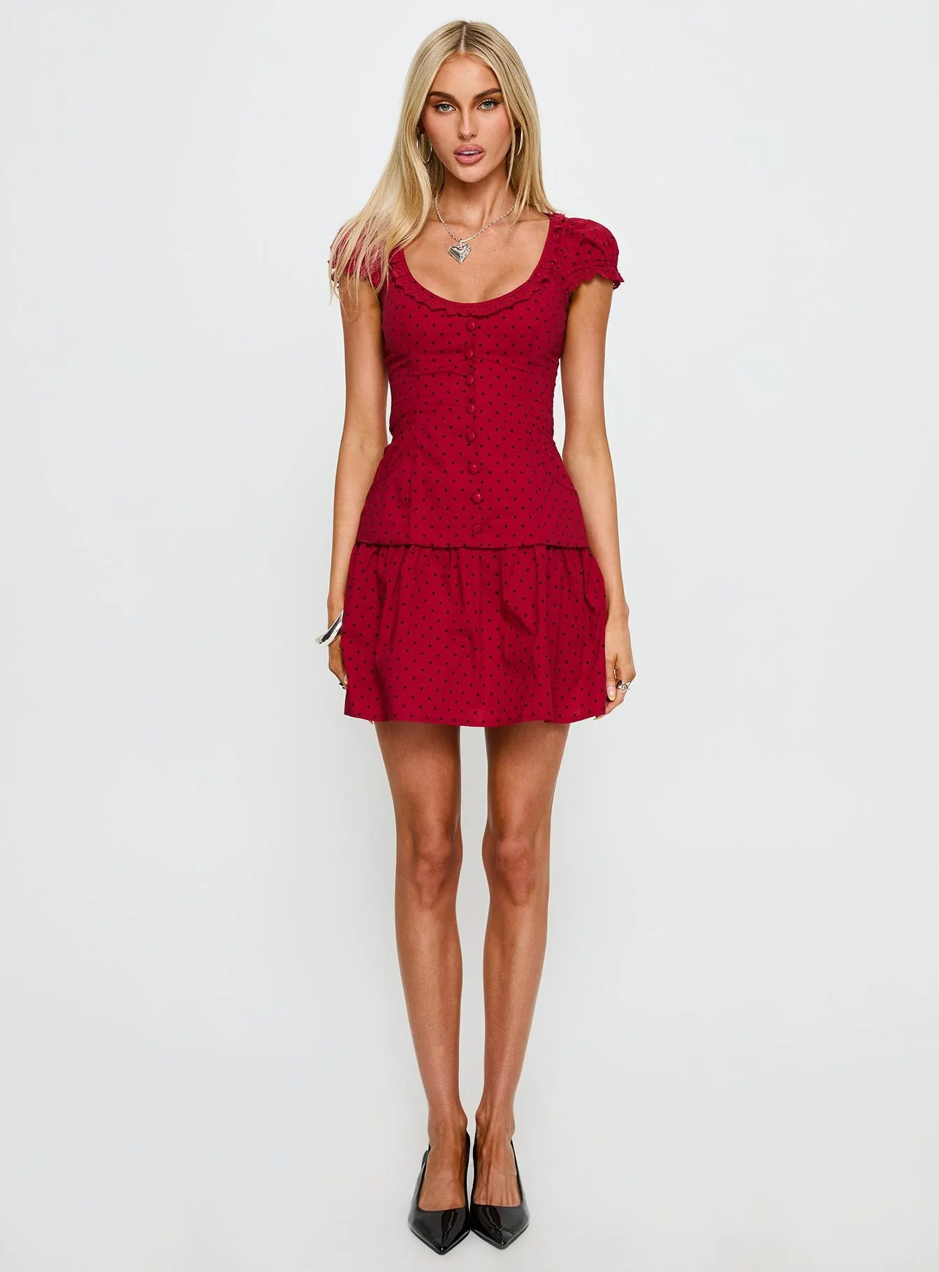 Ottillie Lace Trim Button Down Mini Dress Red Polka Dot - Image 7