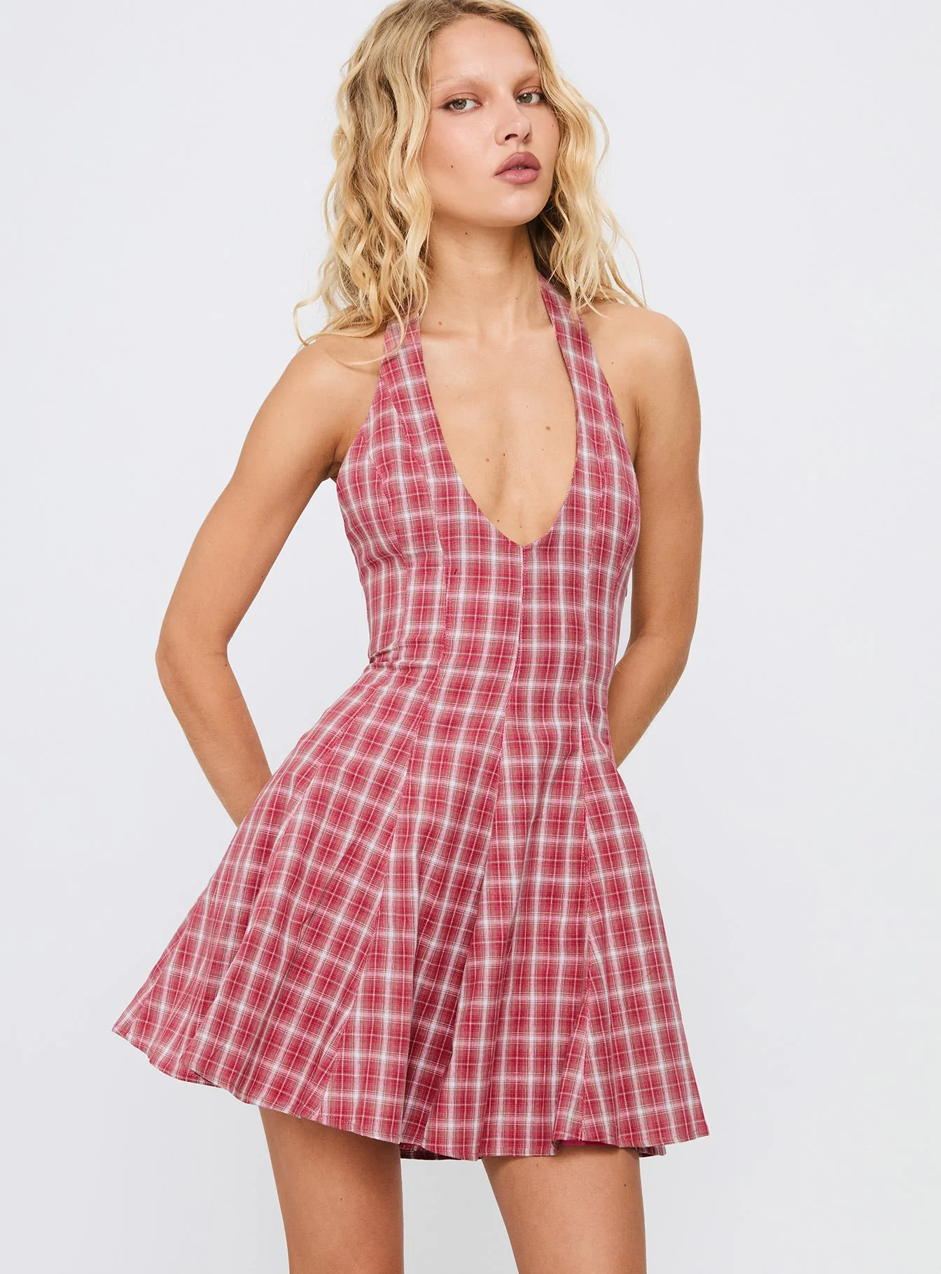 Out Of Nowhere Halter Mini Dress Red Check - Image 2