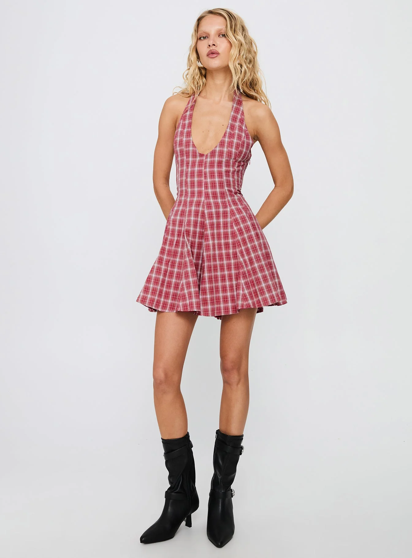Out Of Nowhere Halter Mini Dress Red Check - Image 3