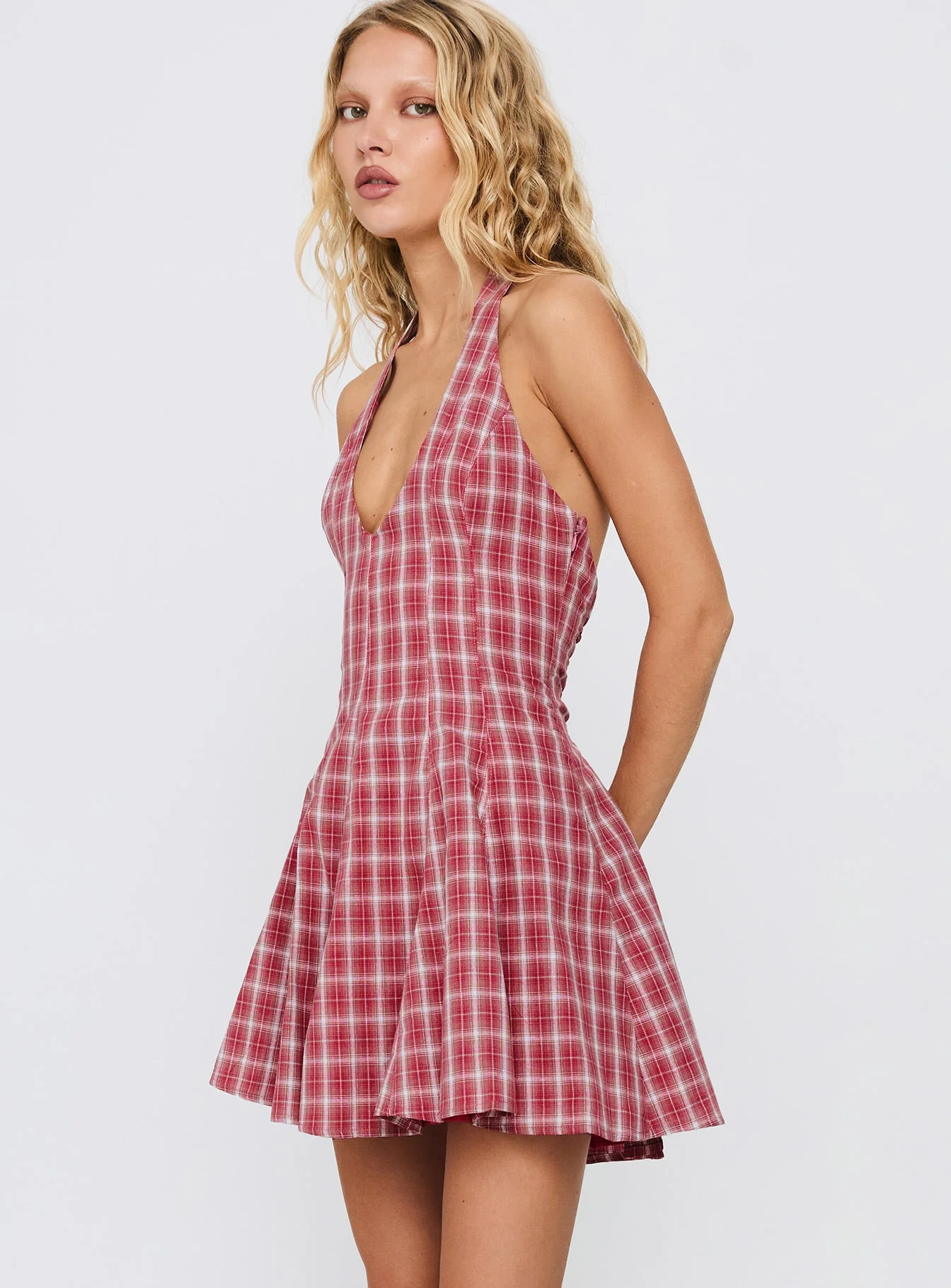 Out Of Nowhere Halter Mini Dress Red Check - Image 4