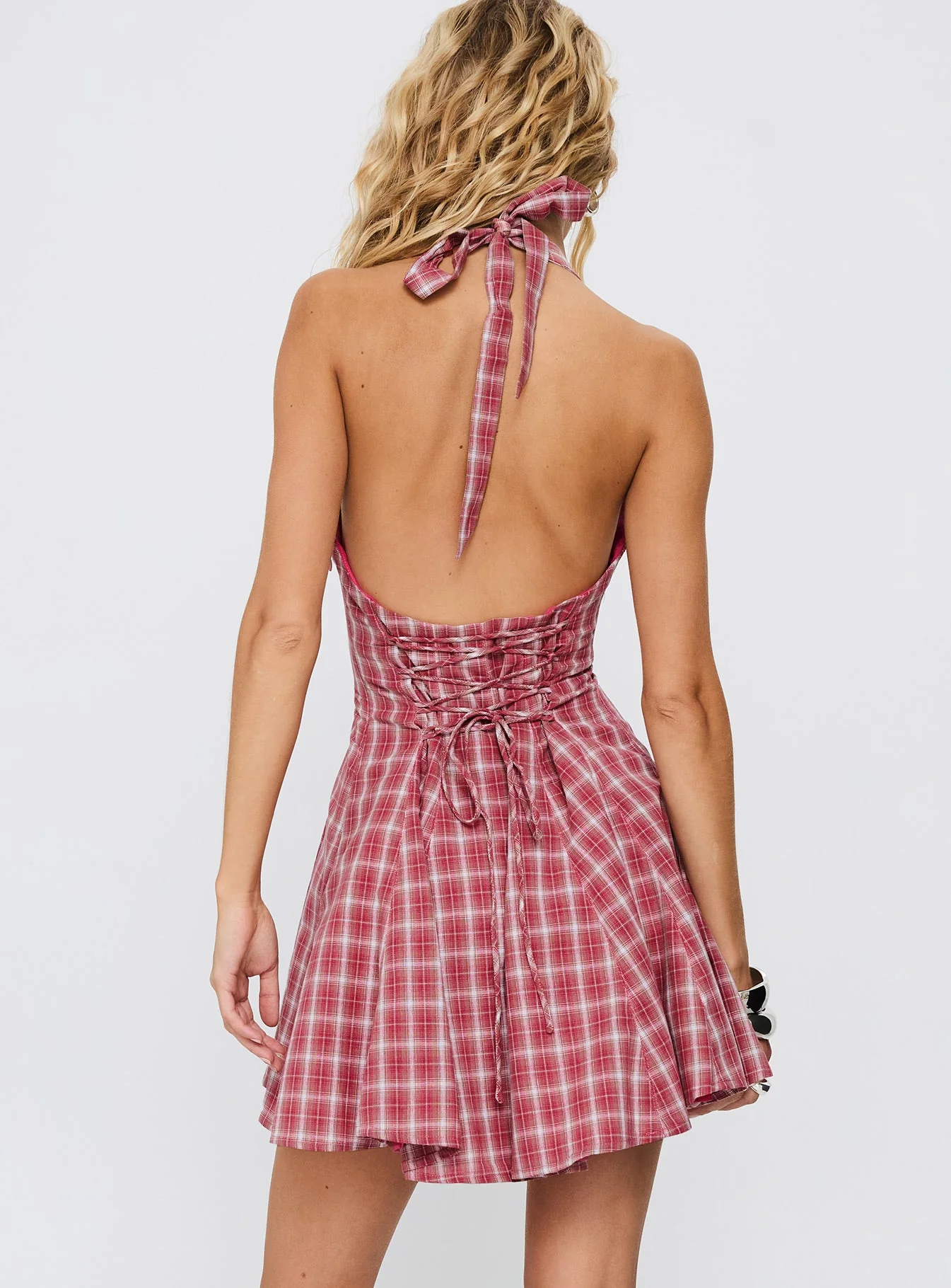 Out Of Nowhere Halter Mini Dress Red Check - Image 5