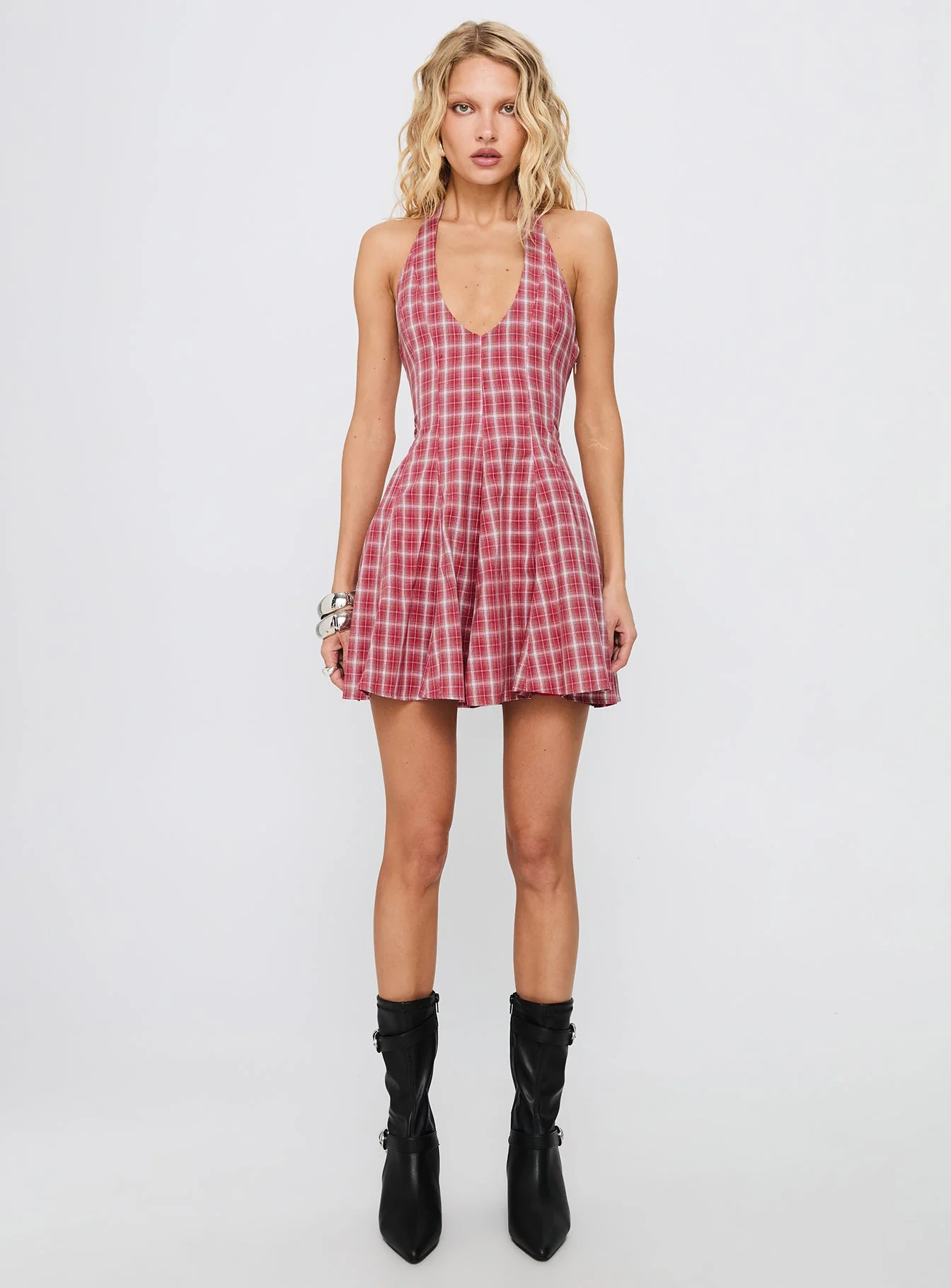 Out Of Nowhere Halter Mini Dress Red Check - Image 7