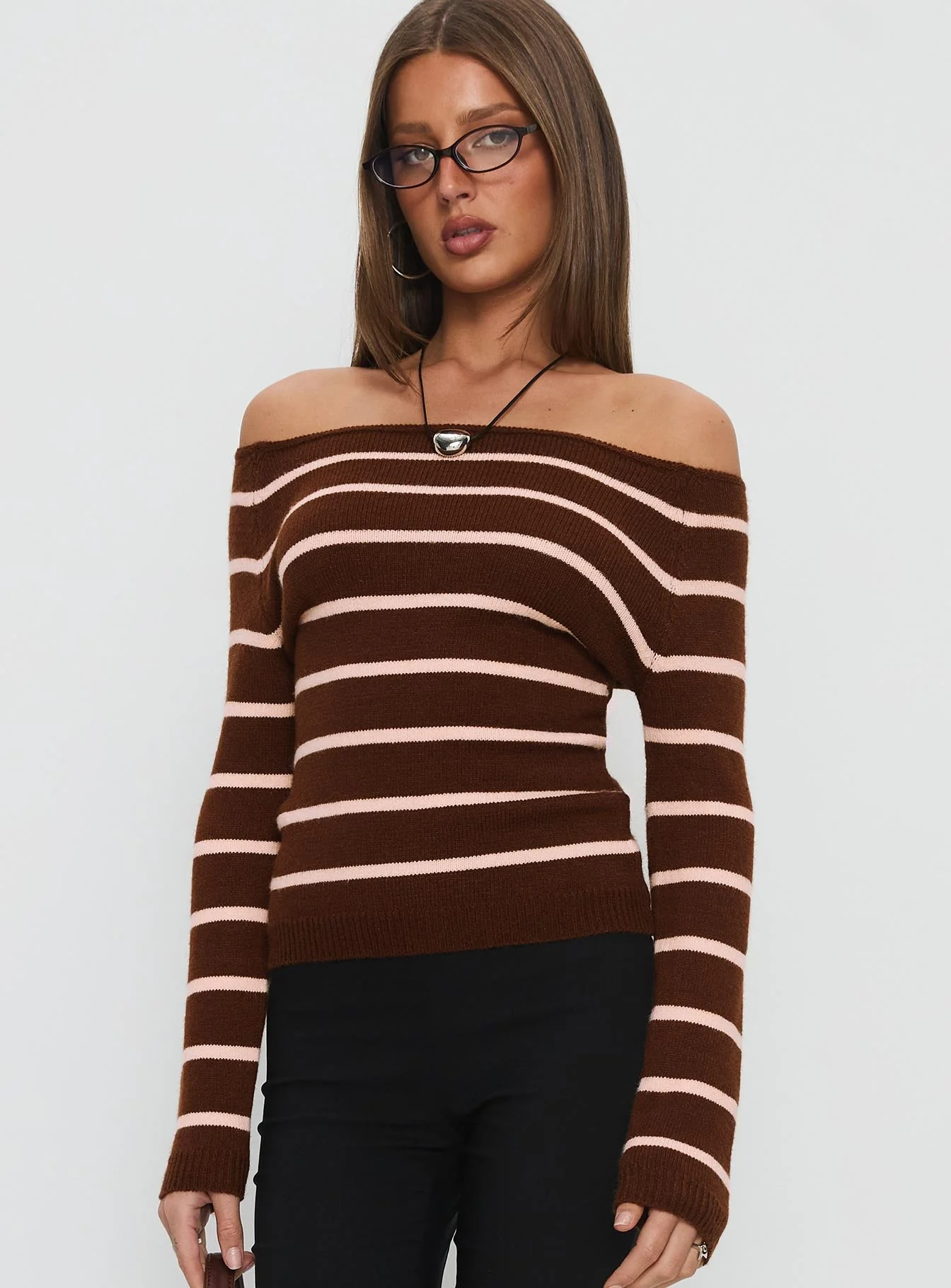 Out Of Reach Off Shoulder Knit Sweater Brown Stripe - Image 2
