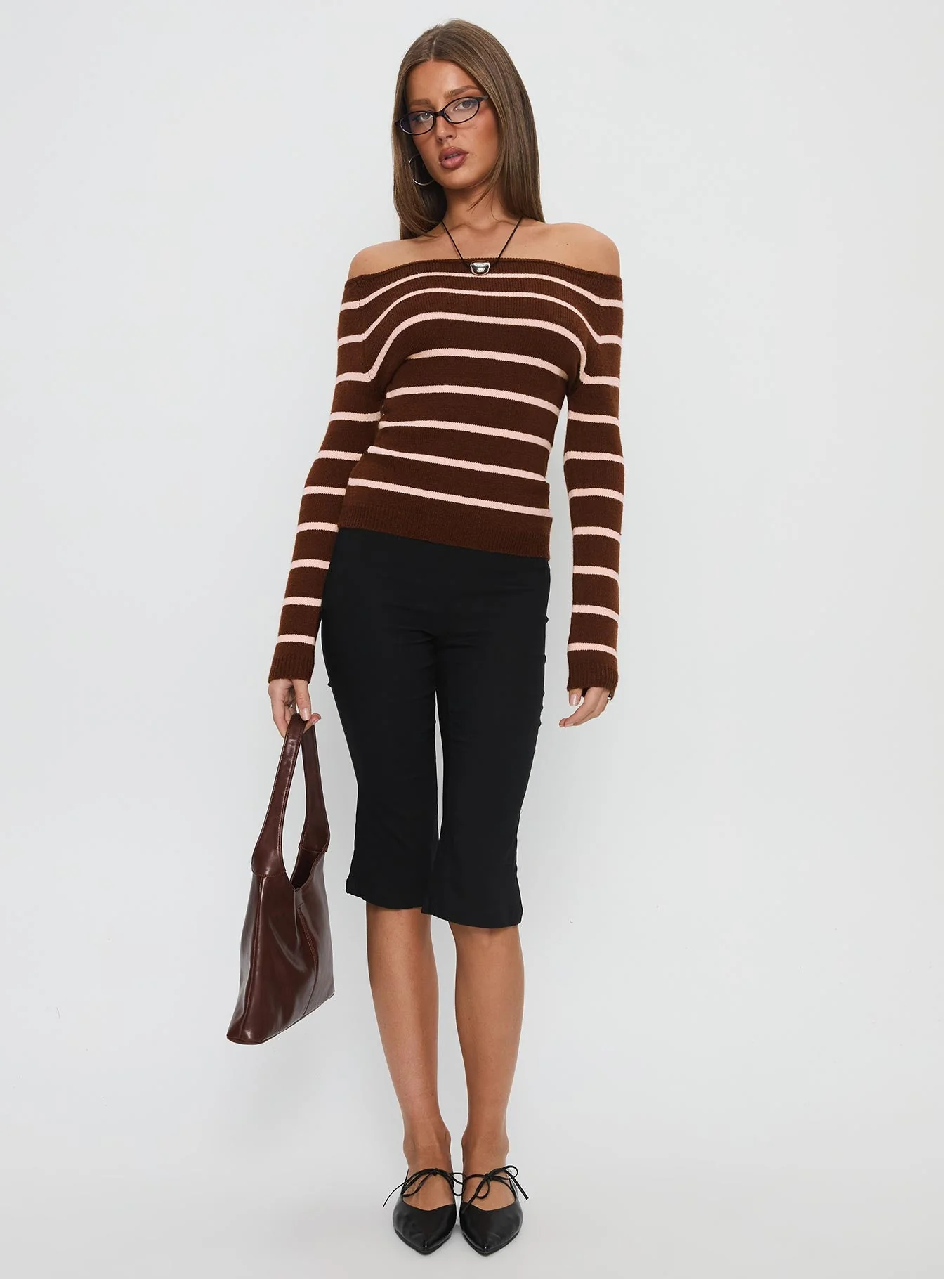 Out Of Reach Off Shoulder Knit Sweater Brown Stripe - Image 3