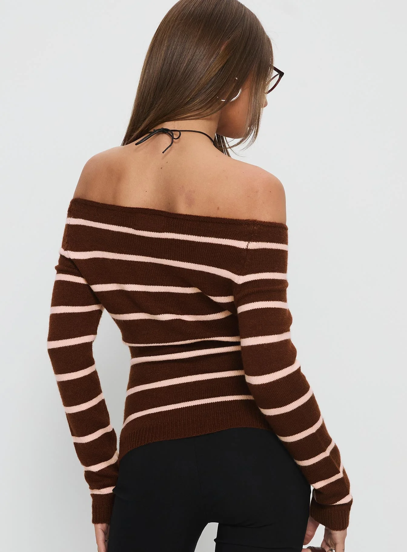 Out Of Reach Off Shoulder Knit Sweater Brown Stripe - Image 5