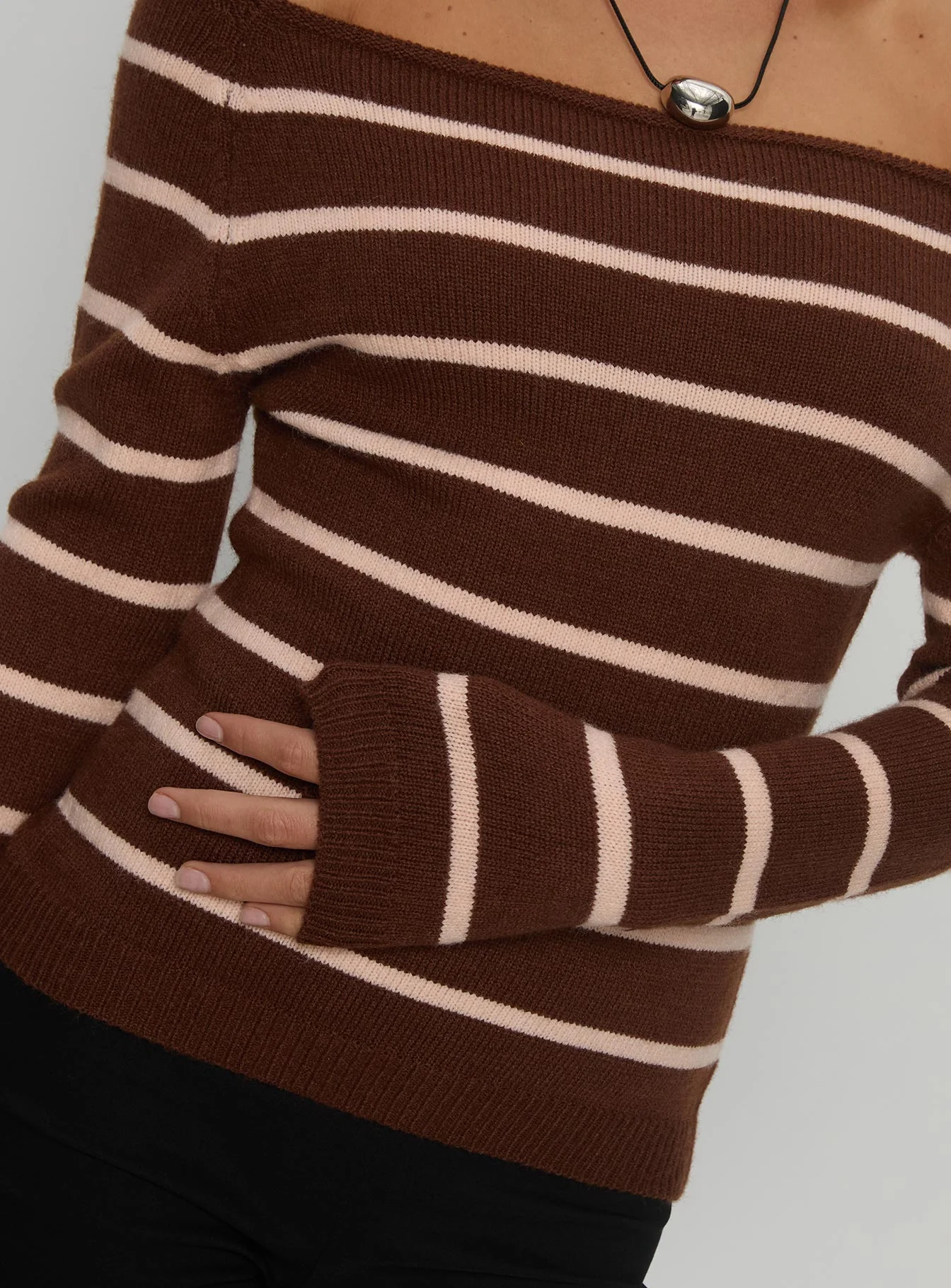 Out Of Reach Off Shoulder Knit Sweater Brown Stripe - Image 6