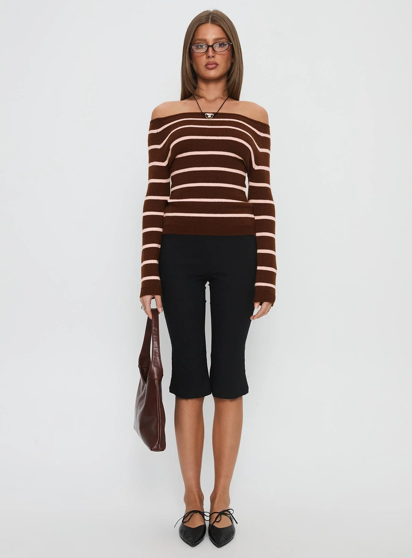 Out Of Reach Off Shoulder Knit Sweater Brown Stripe - Image 7