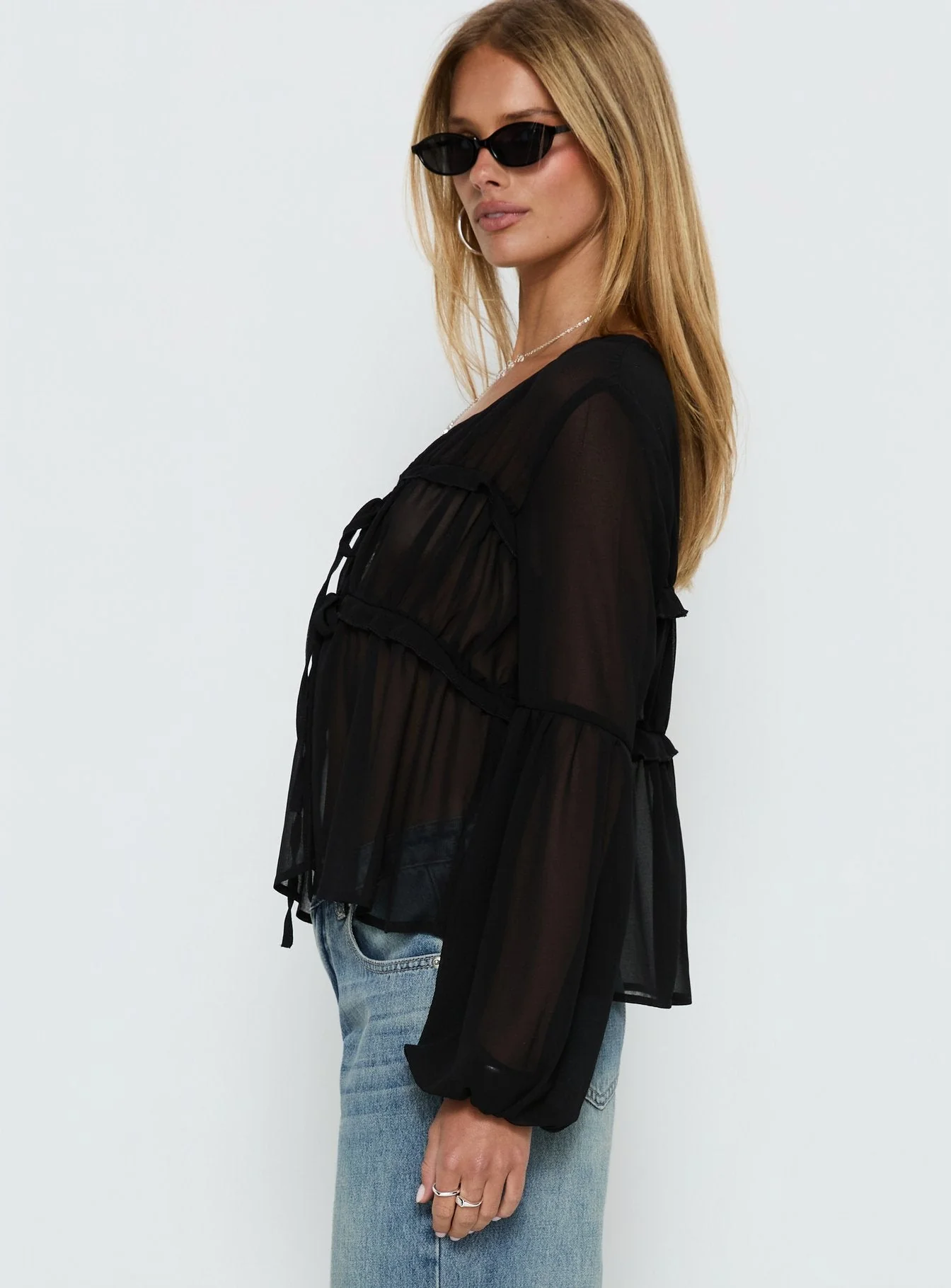 Palapa Tie Detail Sheer Long Sleeve Top Black - Image 3