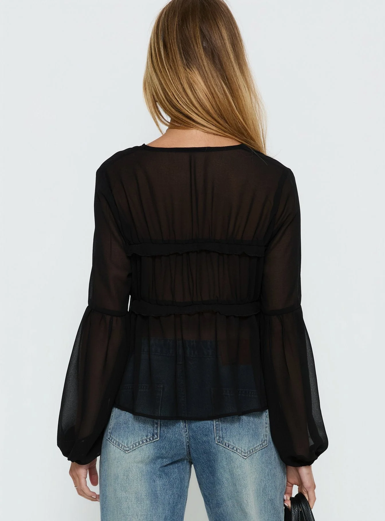 Palapa Tie Detail Sheer Long Sleeve Top Black - Image 4