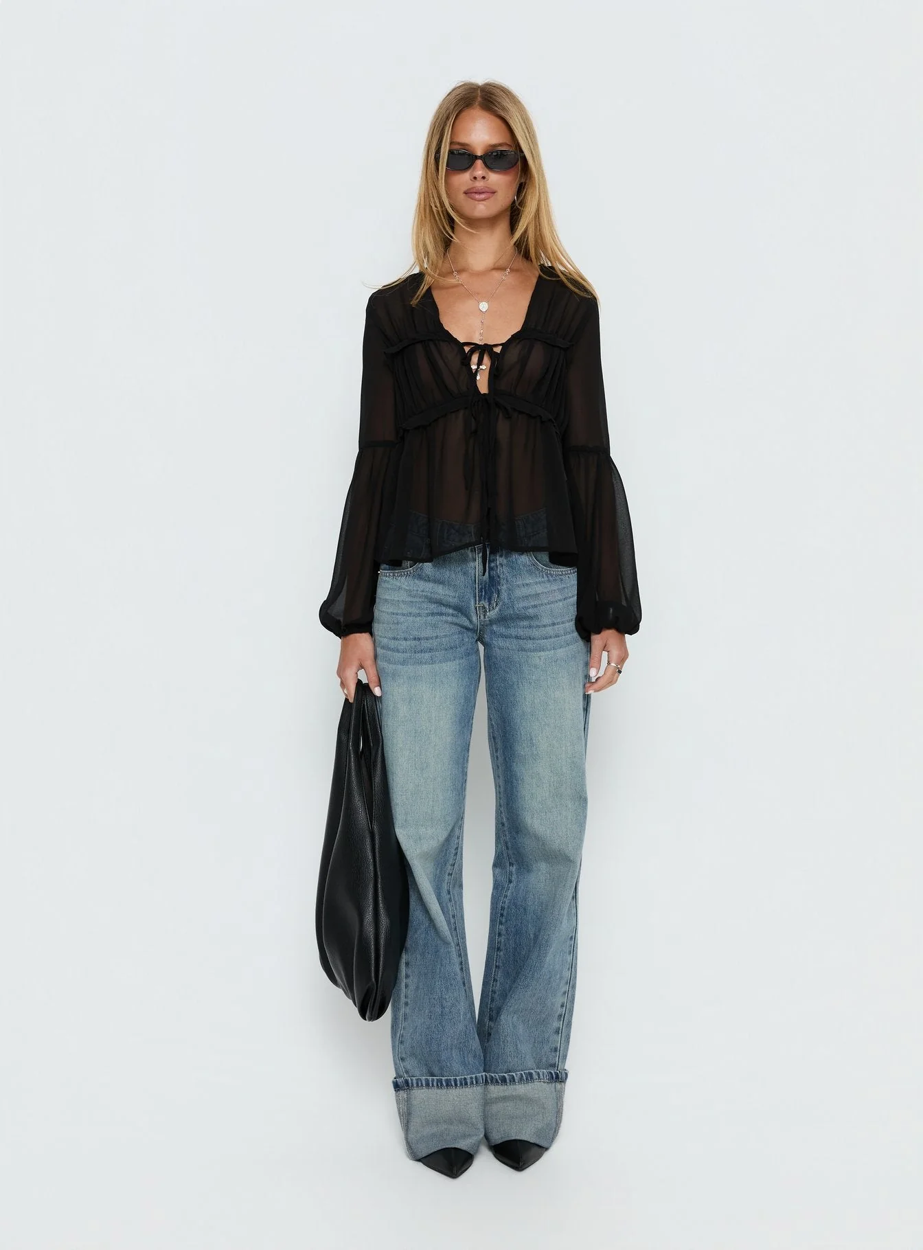 Palapa Tie Detail Sheer Long Sleeve Top Black - Image 6