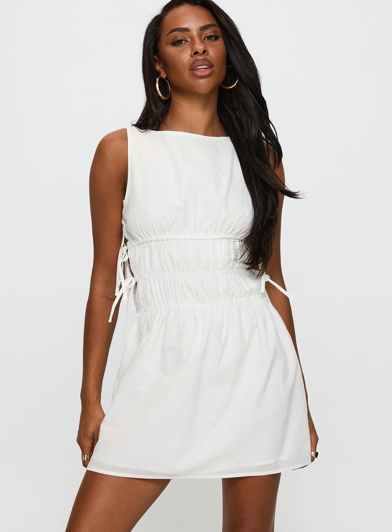 Palm City Shirred Mini Dress White - Image 2