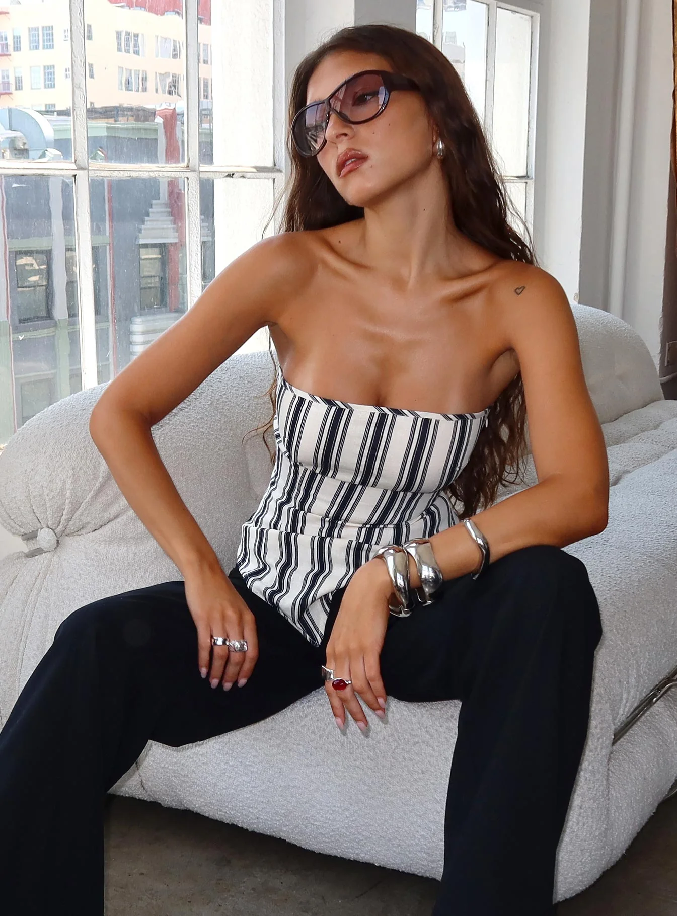 Palo Alto Strapless Scarf Top Black / White Stripe - Image 8