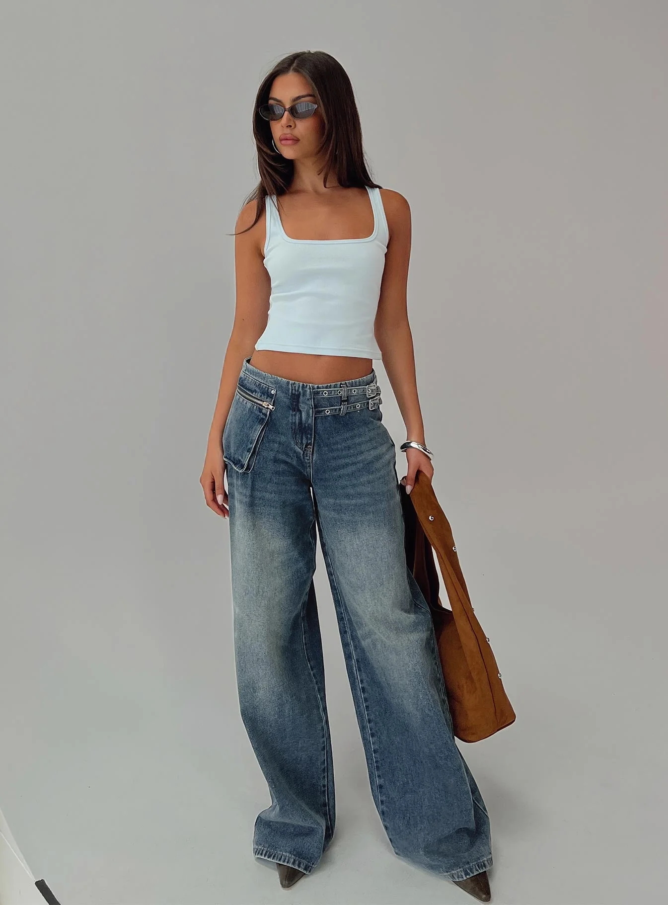 Paltrow Mid Rise Wide Leg Cargo Jeans Mid Blue Wash Petite - Image 9