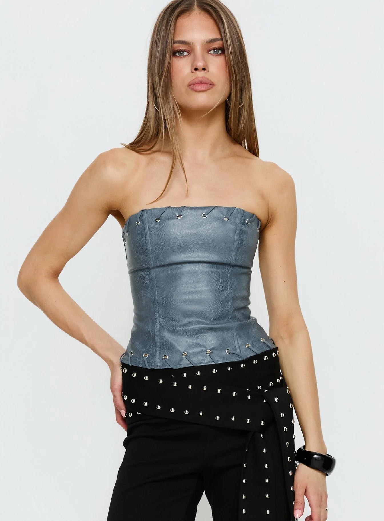 Pammie Faux Leather Strapless Top Blue - Image 2